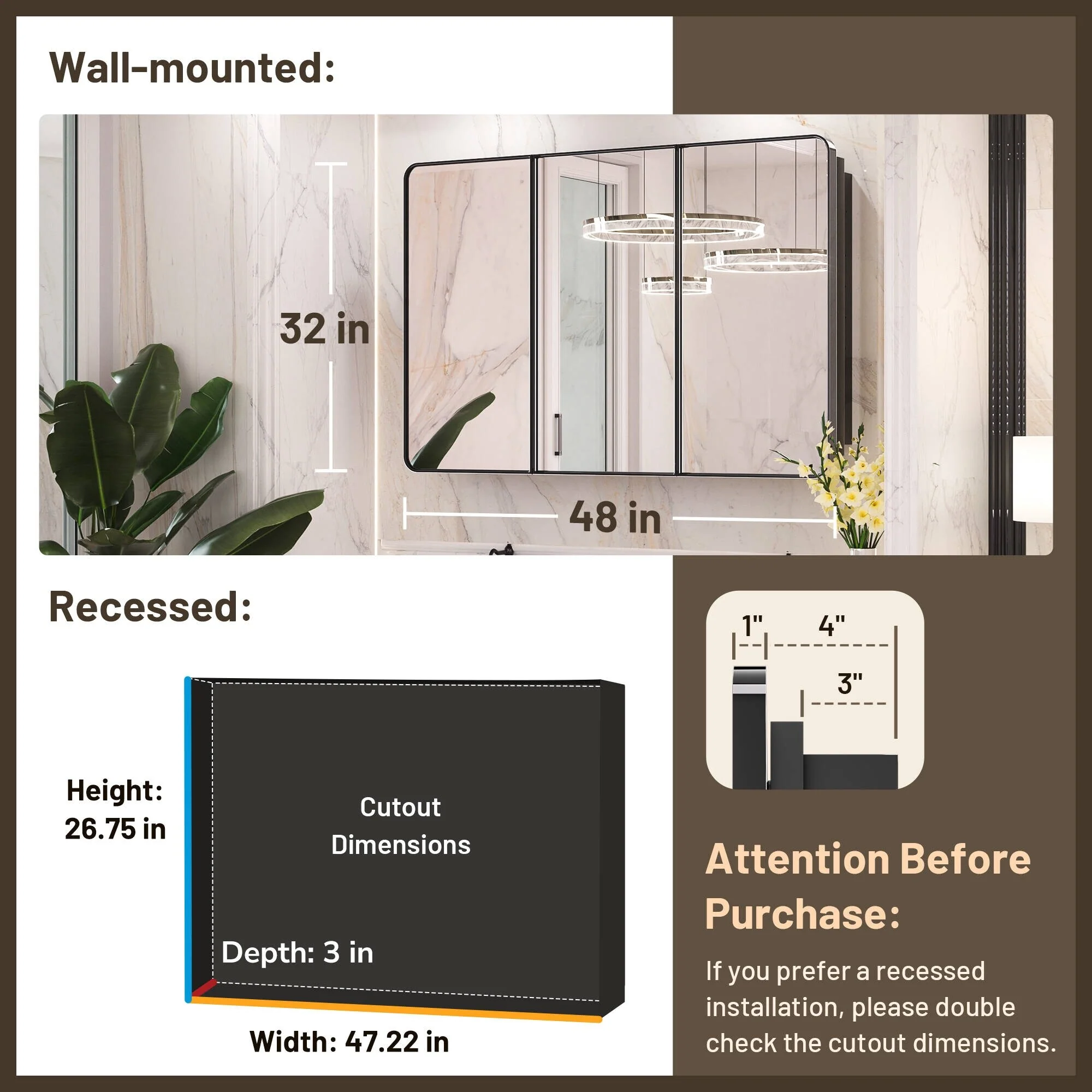 KEONJINN Medicine Cabinets for Bathroom with Mirror, Stainless Steel 1-3 Framed Doors