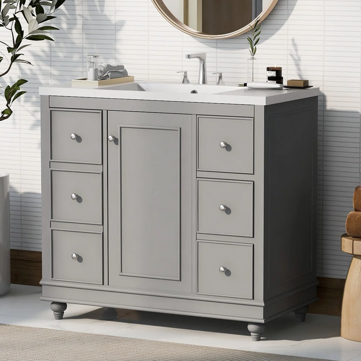 36 in. W Freestanding Bath Vanity with White Resin Sink,4 Drawers and 1 Door