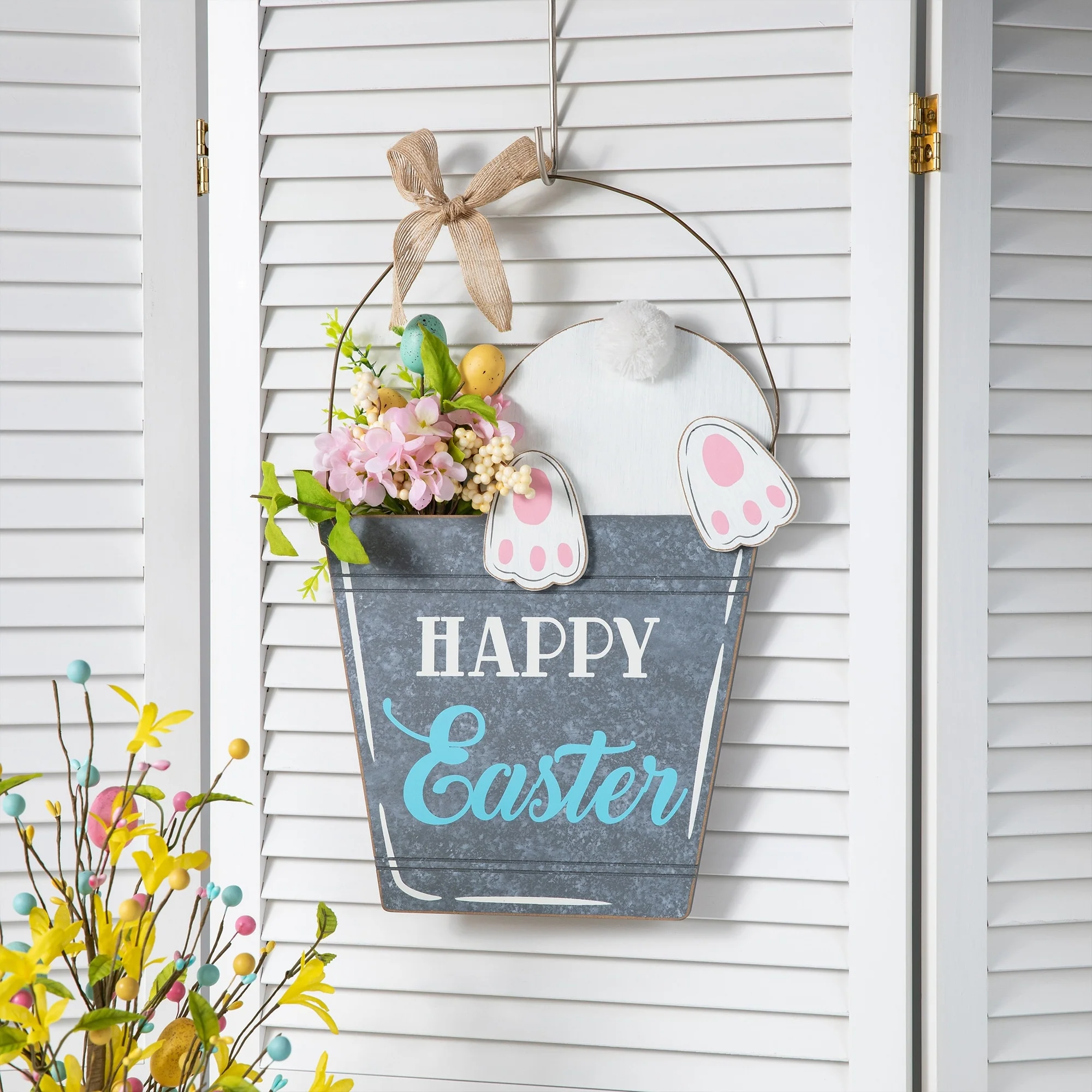 Glitzhome Easter Wooden Cute Bunny Eggs/Fence Door Hanger Wall Decor Spring Gift
