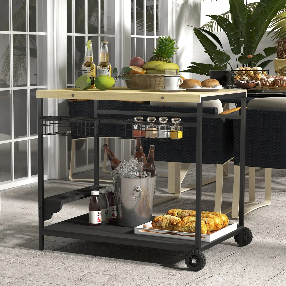 Outdoor Bar Cart, Patio Rolling Serving Cart with Wheels, Side Handle, 2 Baskets, 4 Wine Holders