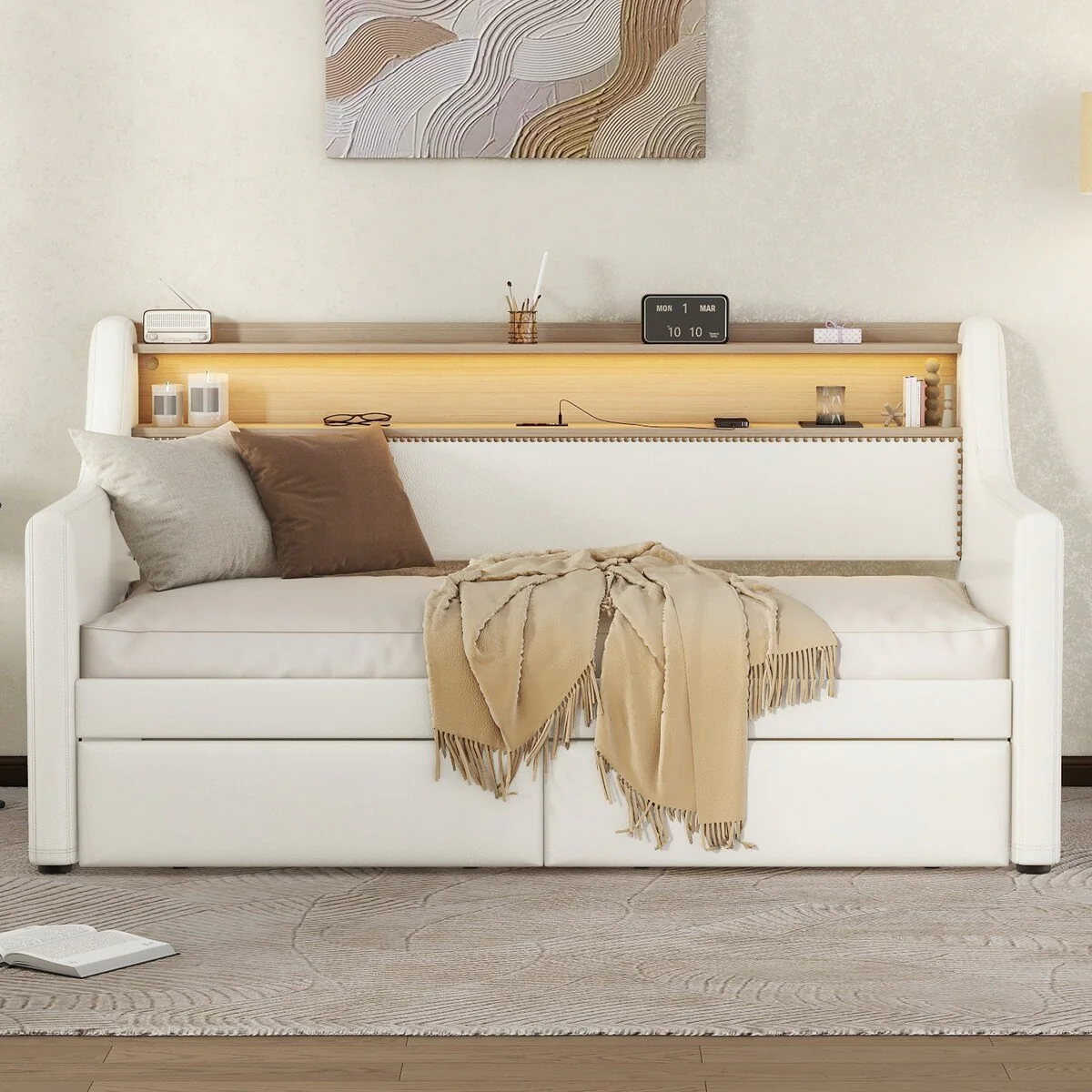 Twin Size Sofa with Storage Drawers,Upholstered Daybed with Charging Station and LED Lights
