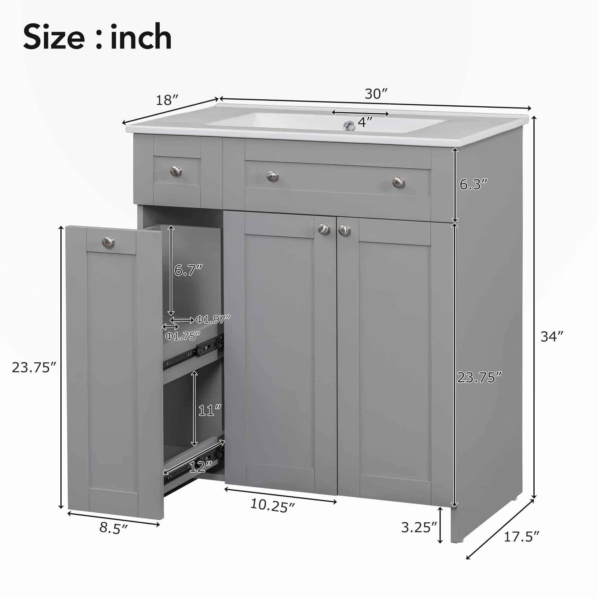 30-Inch Black Bathroom Vanity with Ceramic Sink