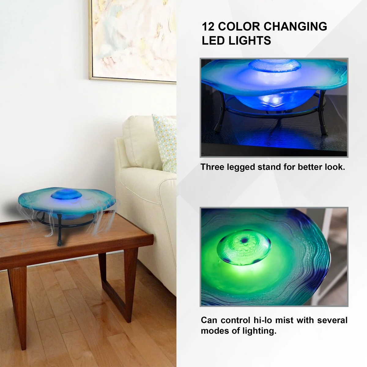 8in Tabletop Mist Fountain with LED Lights and Inline Control – Elegant Blue Glass and Metal Design, Tabletop Mist Fountain