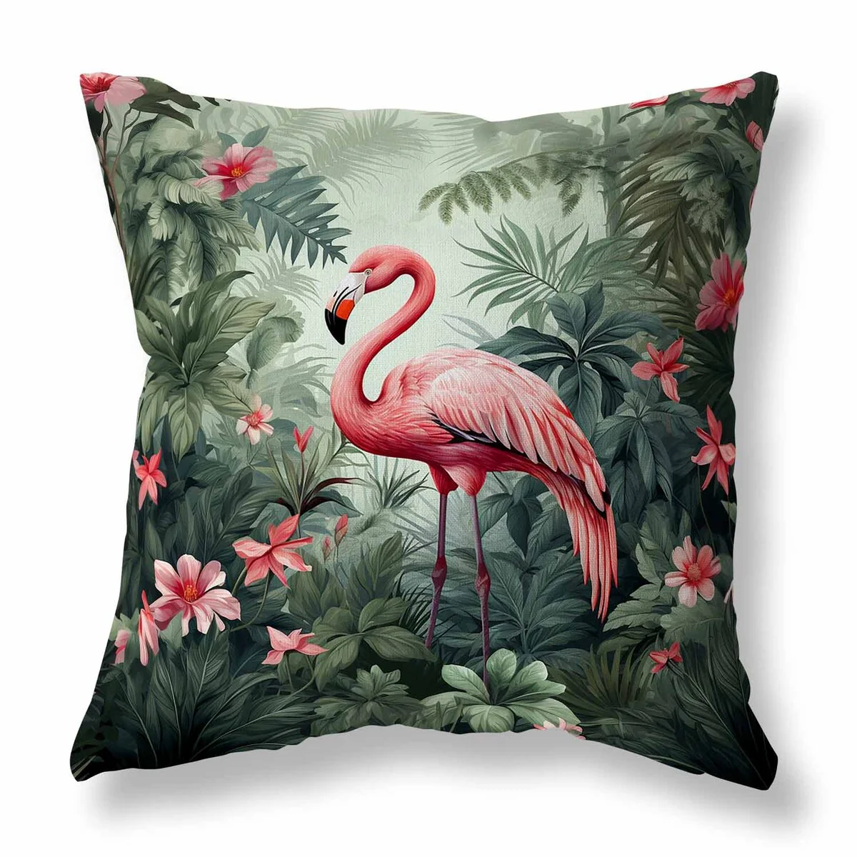 Green And Pink Tropical Flamingo Haven Indoor/Outdoor Throw Pillow Zipper