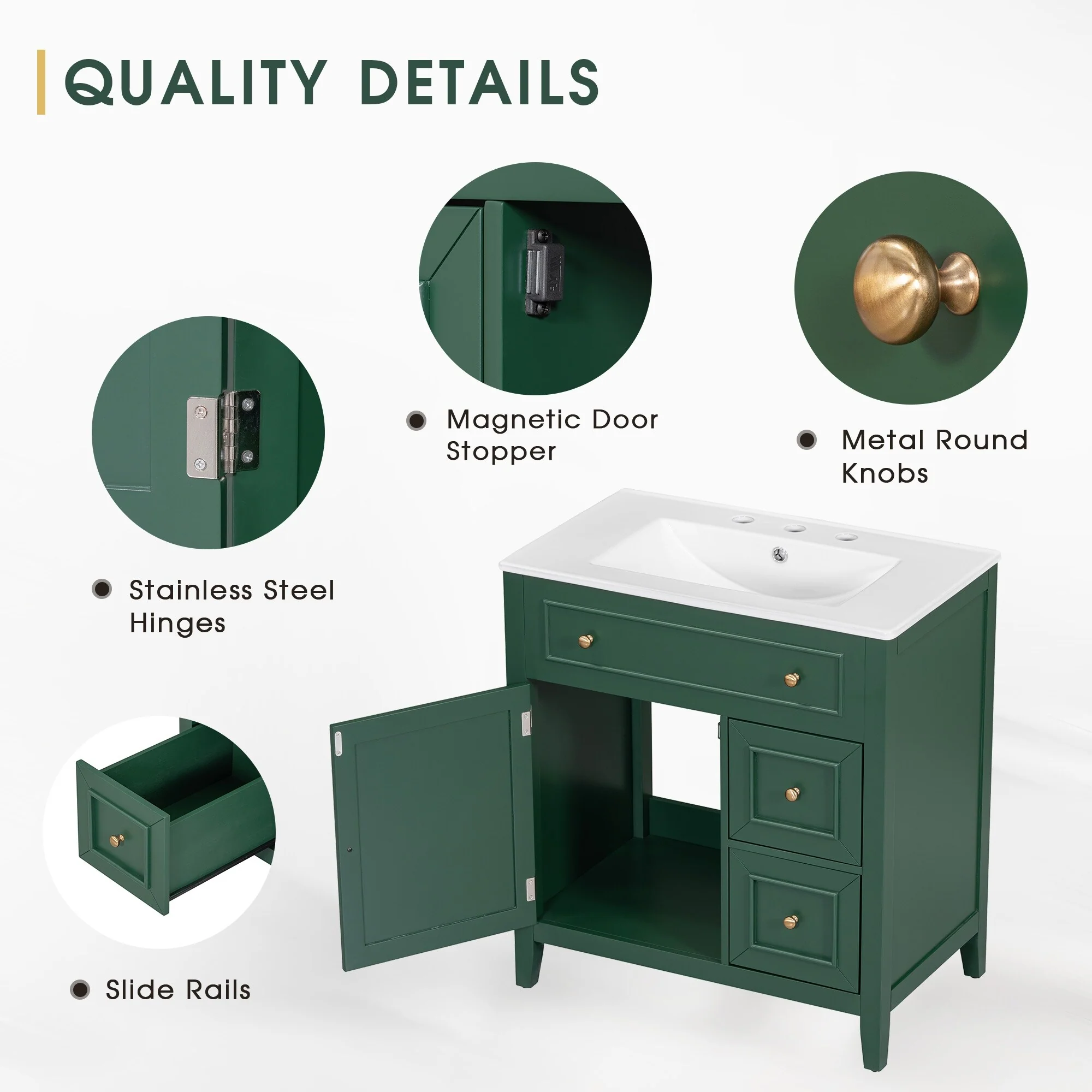 30'' Solid Wood Bathroom Vanity with Cabinet, 2 Drawers, and Ceramic Sink
