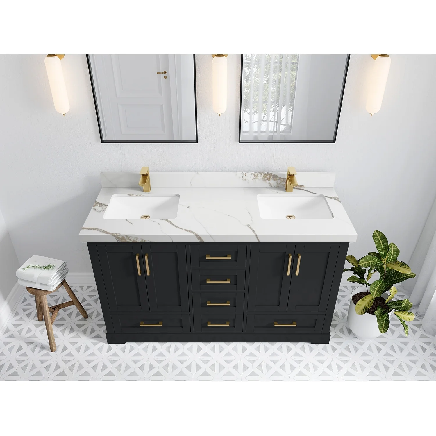 Willow Collection 60 in W x 22 in D x 36 in H Boston Double Bowl Sink Bathroom Vanity with Countertop
