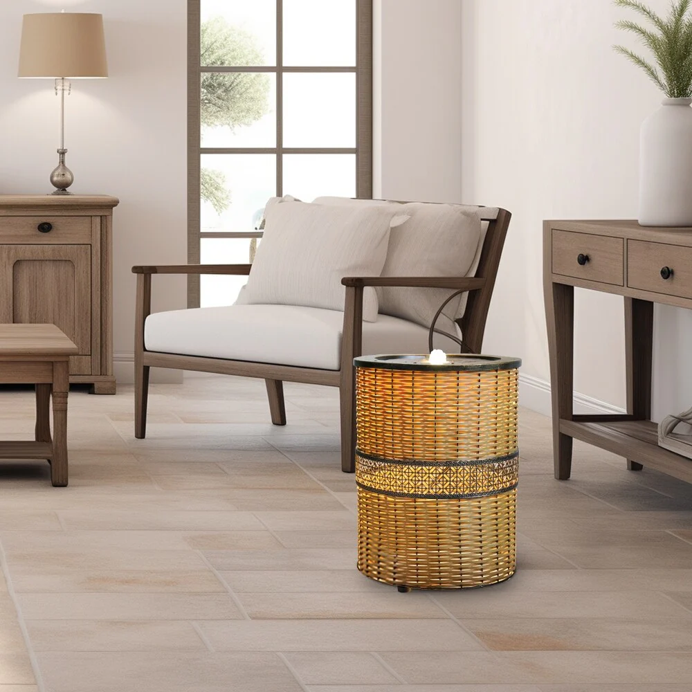 Indoor 16.9in H Round Rattan Water Fountain w/LED Light for Home Decor