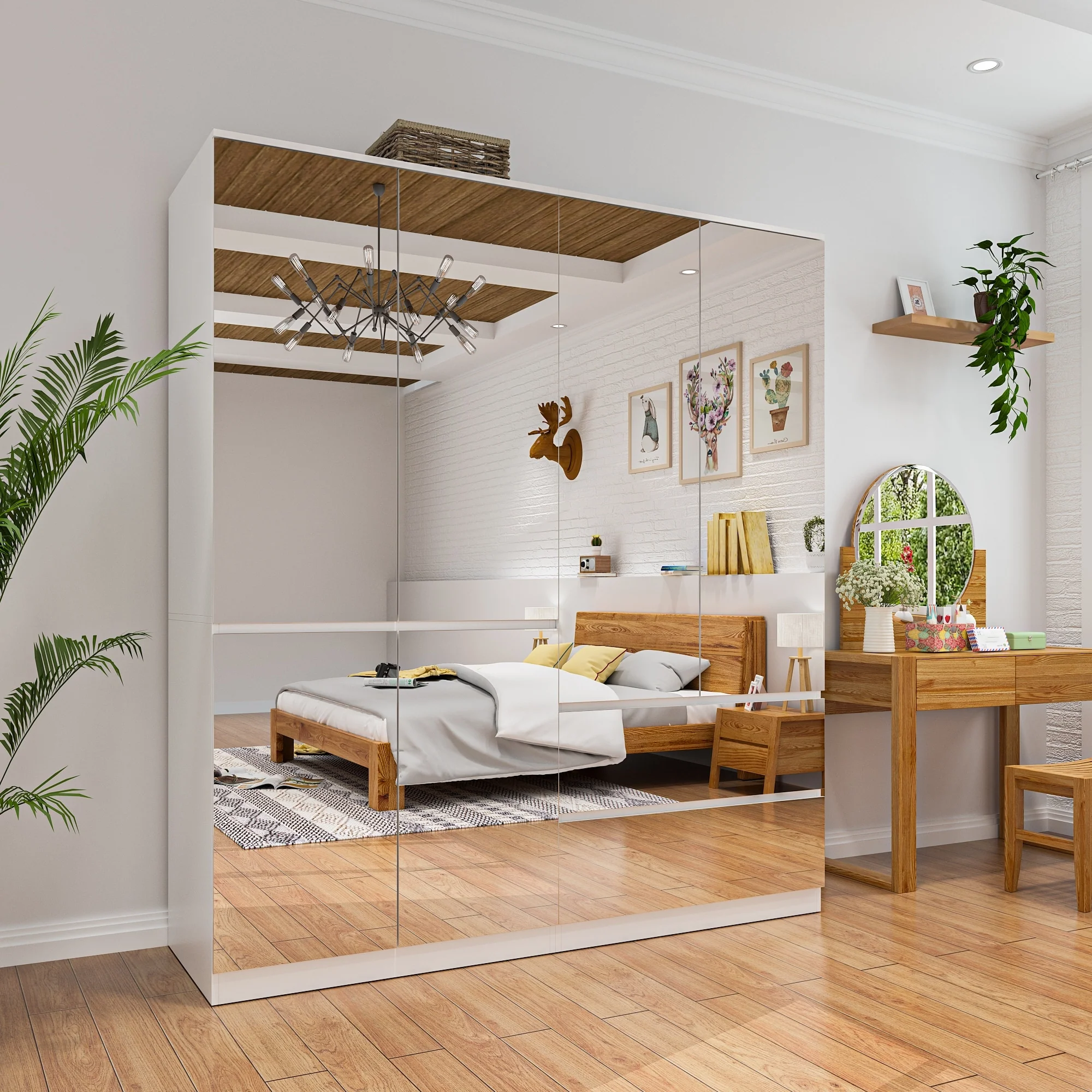 Modular Wardrobe (White with All Mirror) Closet Cabinet Armoires