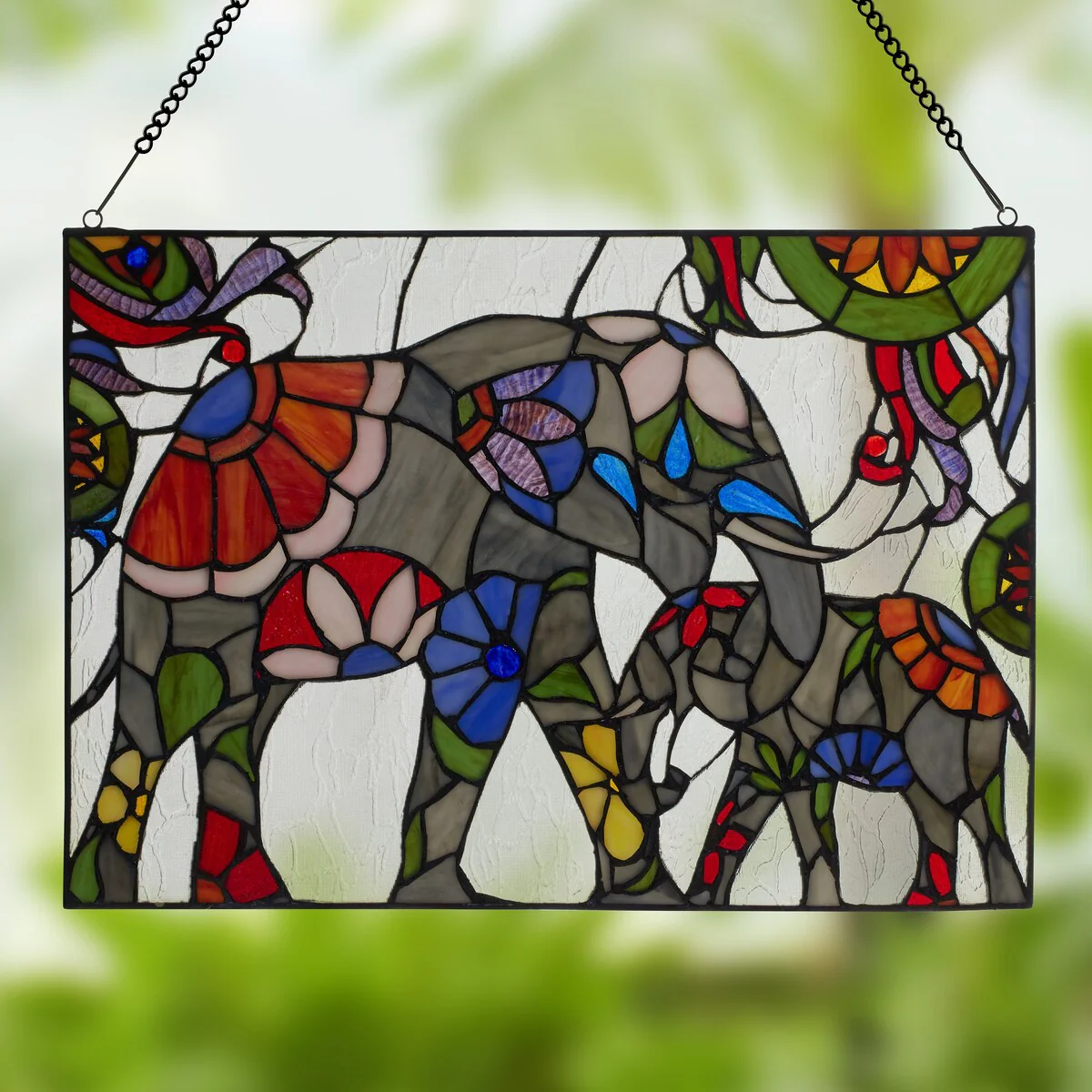 The Mother and Baby Elephant River of Goods Stained Glass Window Panel - 20