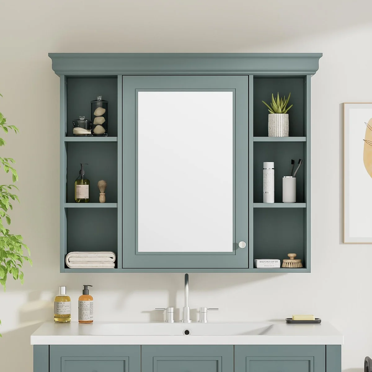 Modern Wall Mounted Bathroom Medicine Cabinet with Mirror Door & 6 Open Shelves