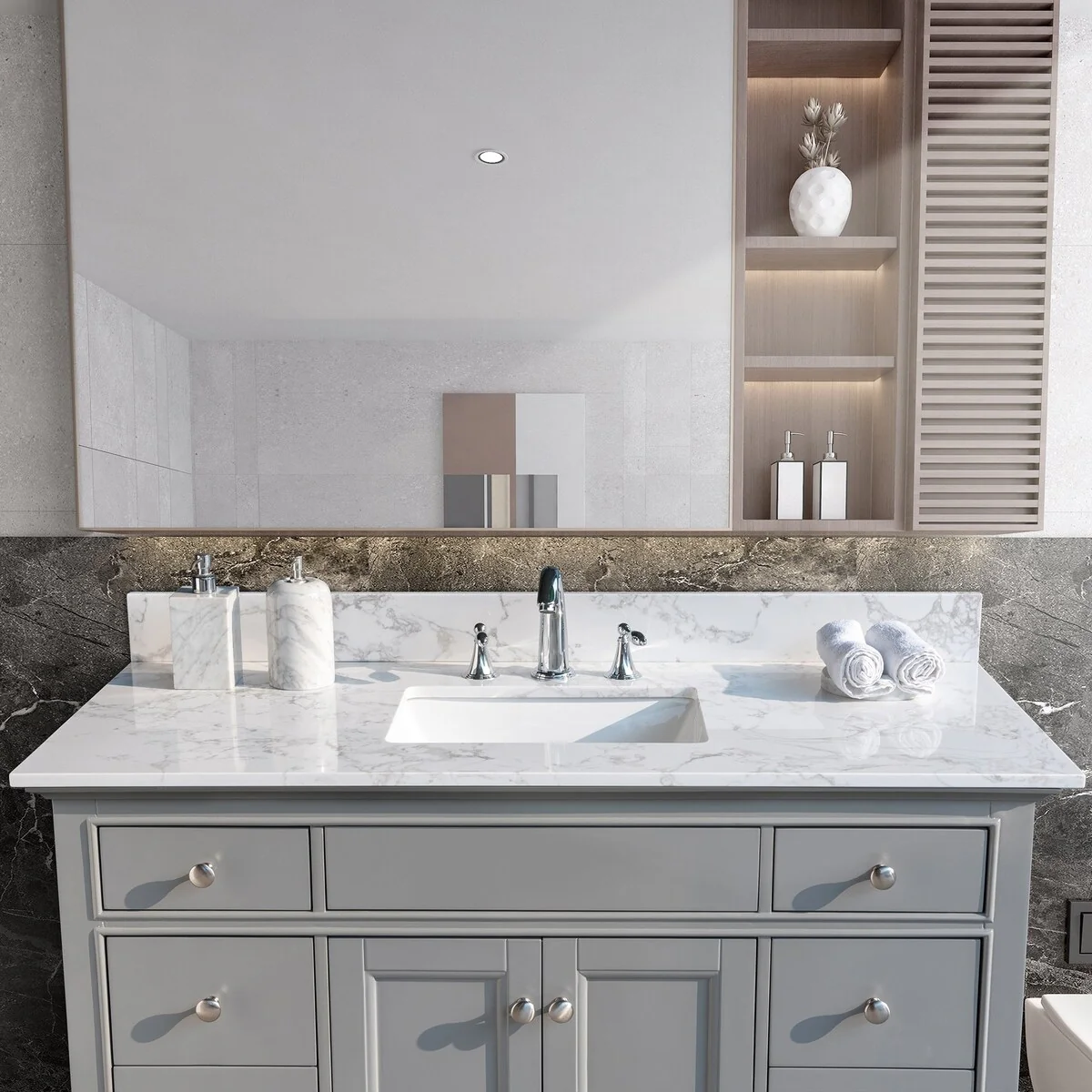 31 in./ 37 in./ 43 in./ 49 in. Carrara White Engineered Stone Bathroom Vanity Top with Ceramic Sink