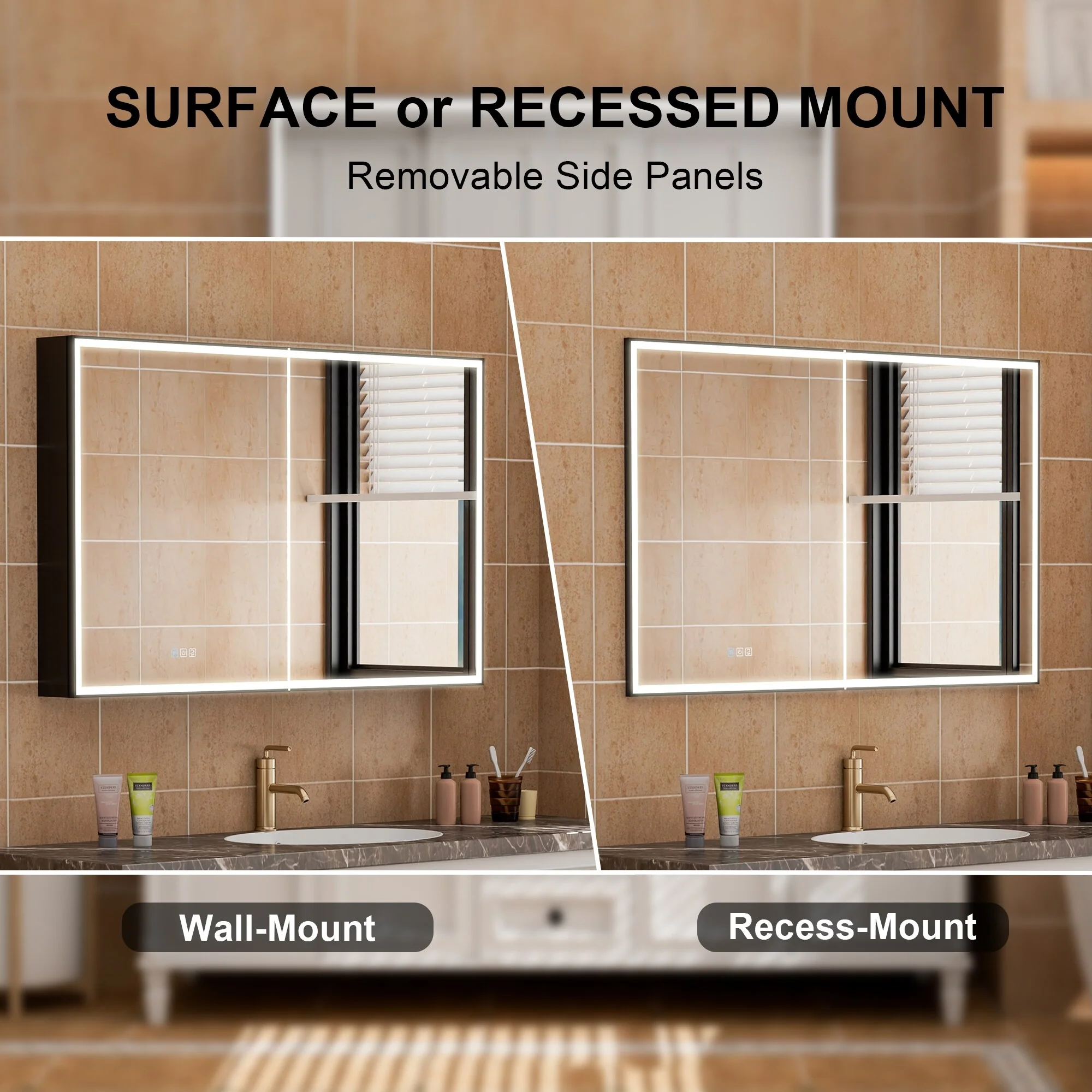 30'' H Recessed Or Surface Wall Mounted LED Mirror Cabinet With Mirror And Adjustable Shelves,Black Frame