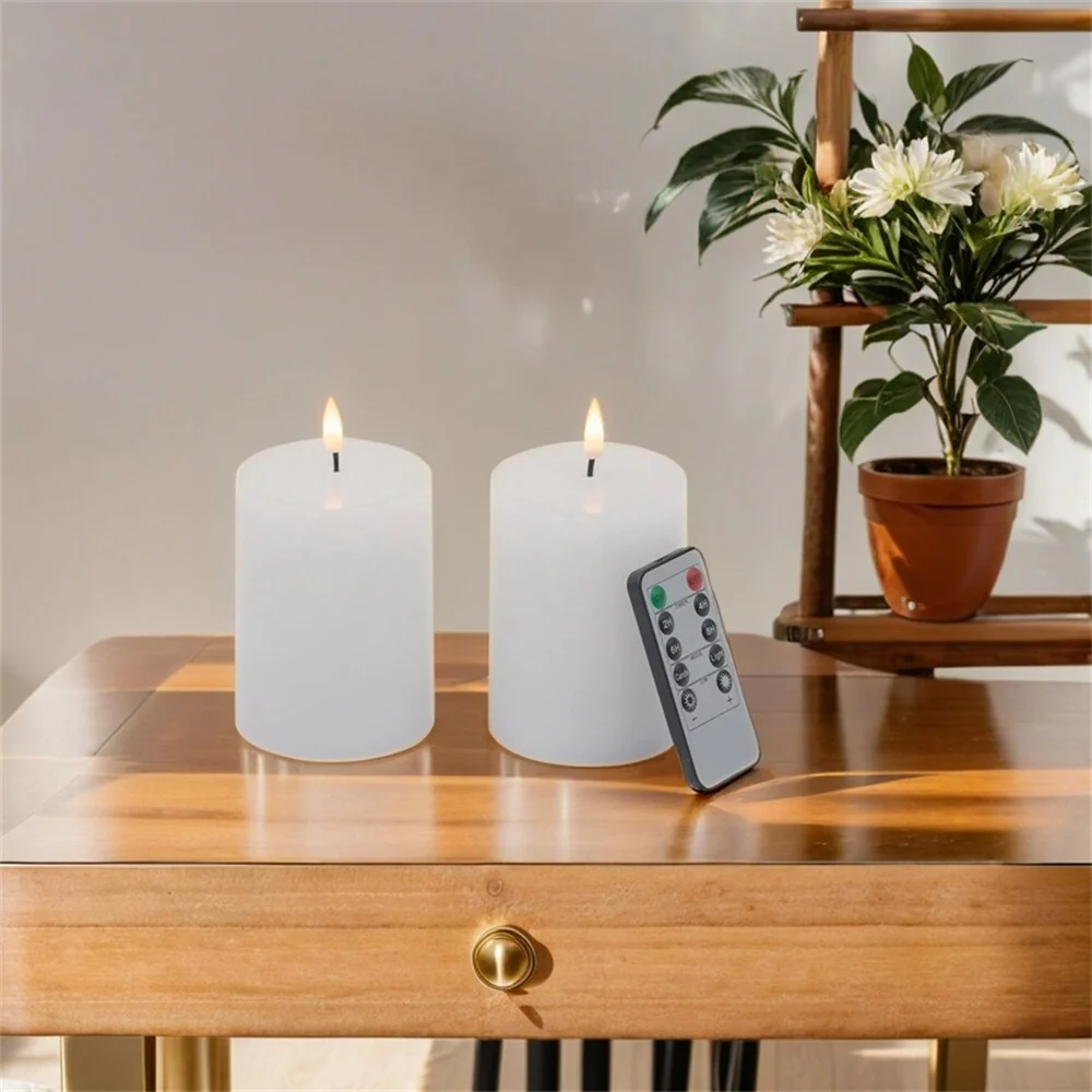 Set of 2 White LED Candles with Wick and Remote Control Timer,3X4