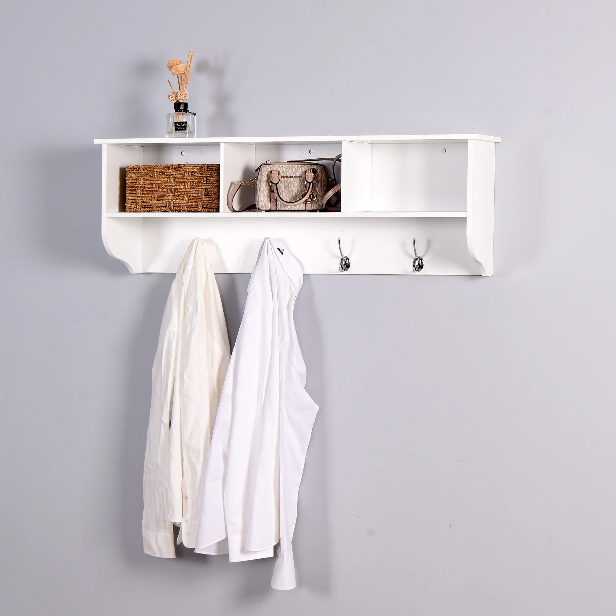 White Wall Mounted Cubby Shelf with 4 Dual Hooks