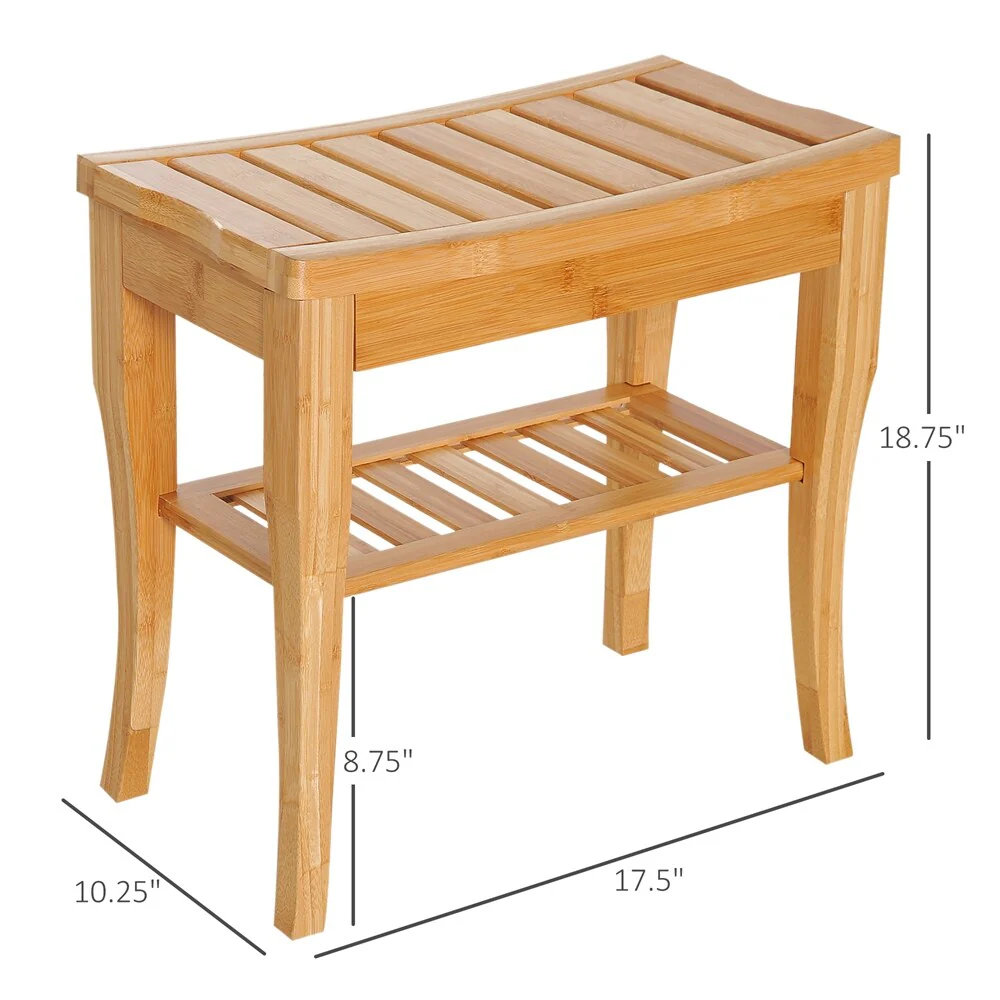 Long Bamboo Shower Bench Seat,Wooden Spa Shower Stool w/Storage Shelf