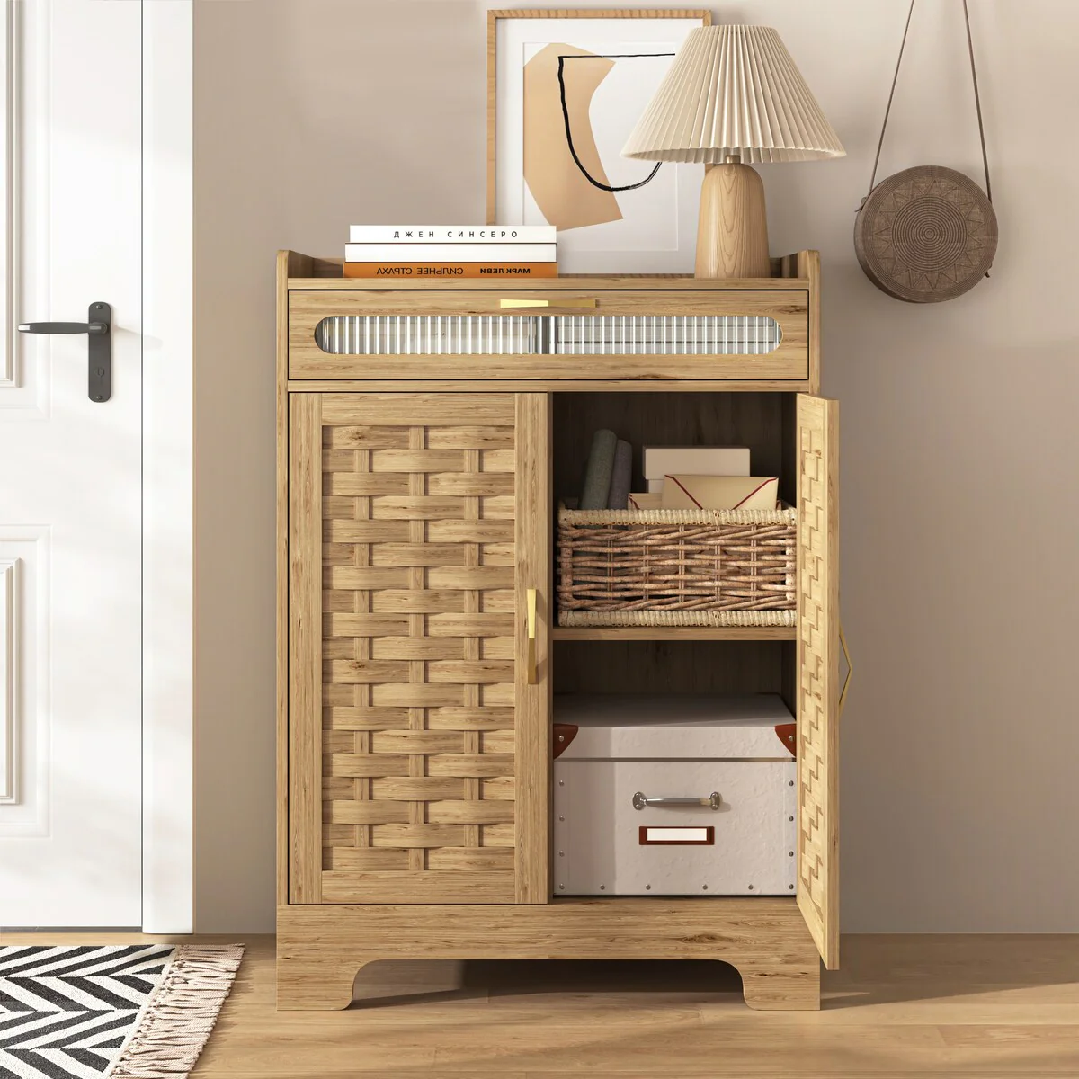Modern Cabinet with Drawer and Adjustable Shelf, Barn Door Storage Cabinet for Kitchen, Dining Room, Bathroom, Entryway