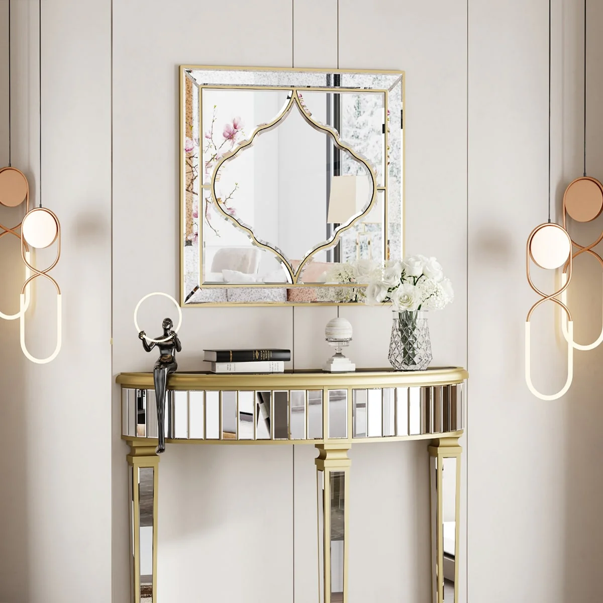 Square Wall Silver Glass Decorative Accent Mirror Golden Rim