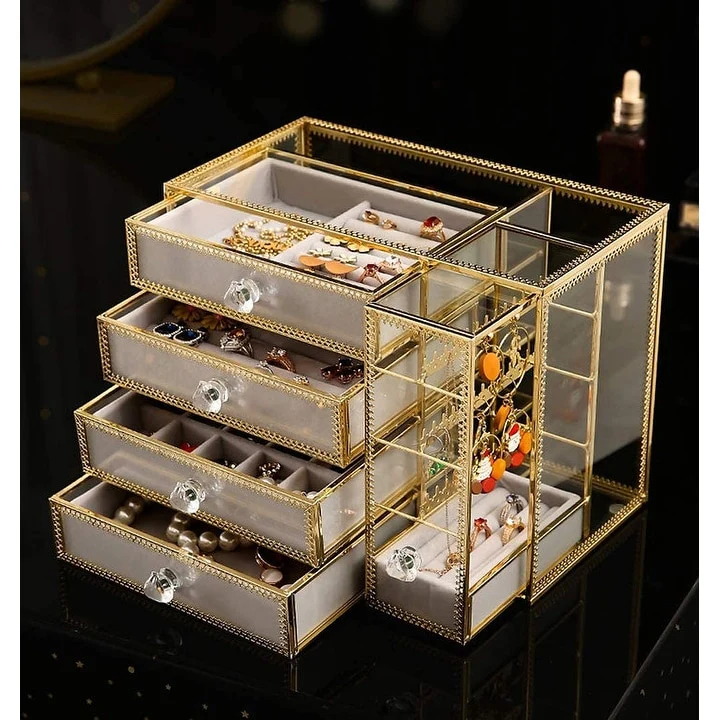 Golden Brass Vintage Glass Jewelry Box,Jewelry Organizer with 4 Drawers Earring Holder - Gold