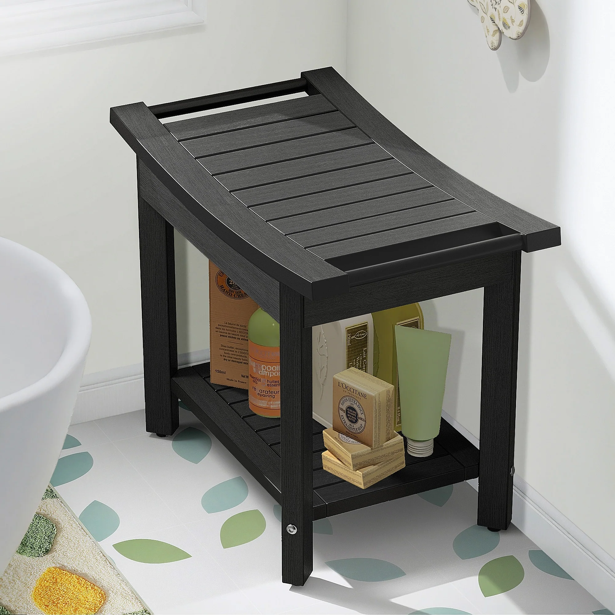 Plastic Shower Stool with Handles Storage Shelf Water Resistant & Non-Slip Shower Seat