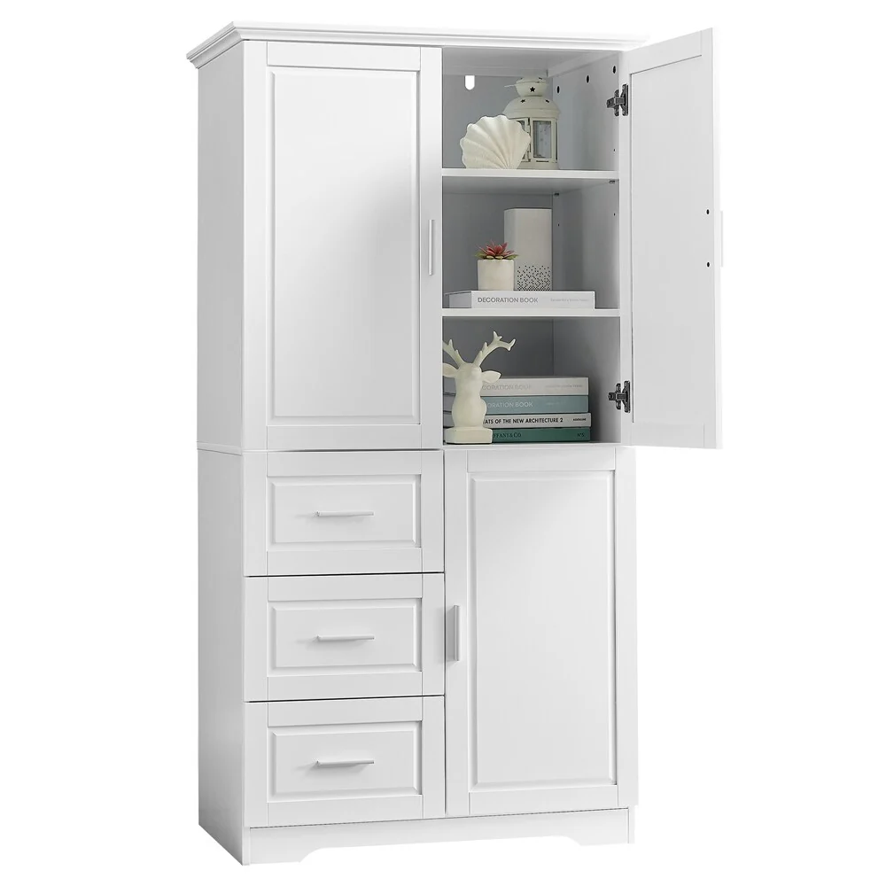 Tall and Wide Storage Cabinet with Doors for Bathroom, Three Drawers