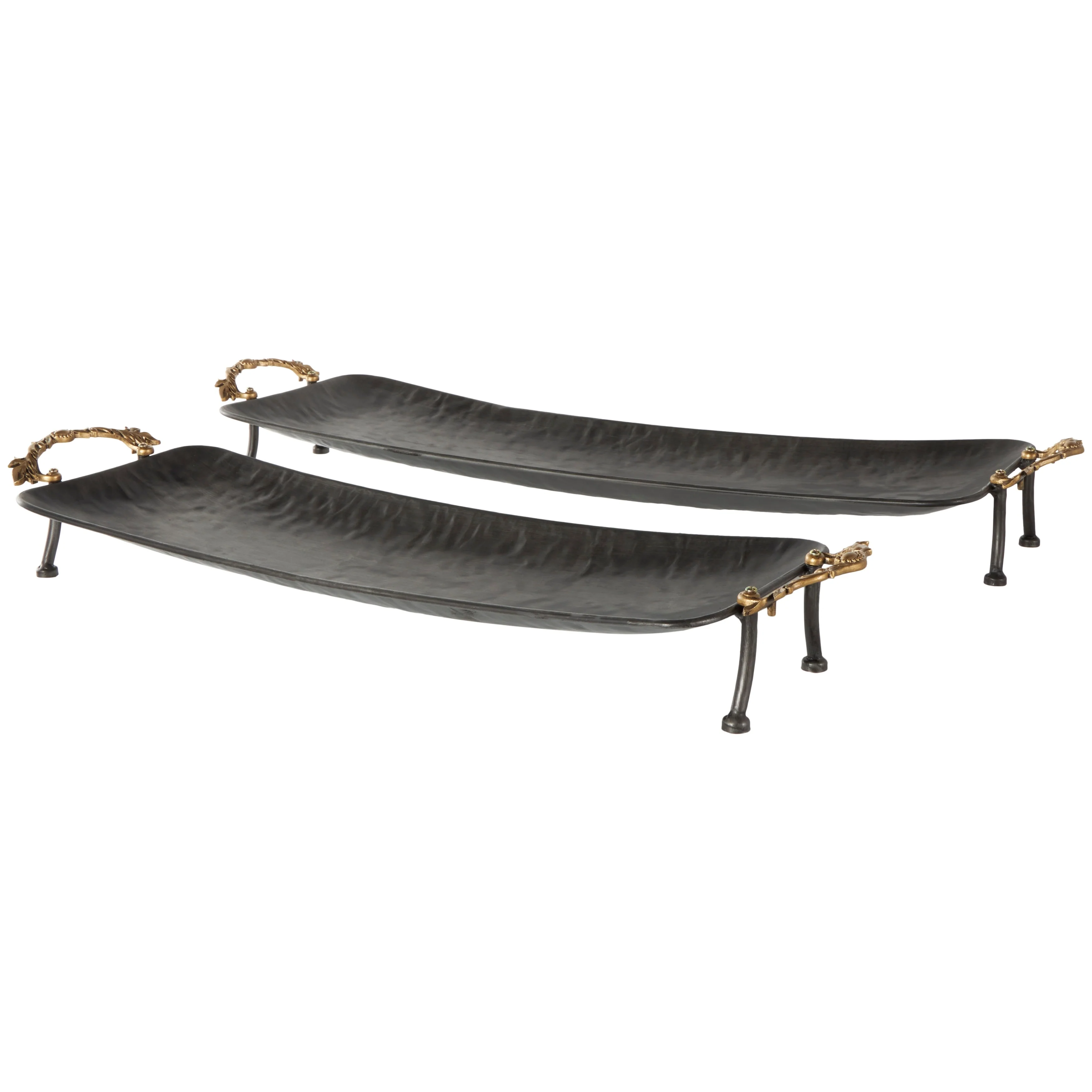 Metal Textured Curved Tray with Elevated Feet and Gold Scroll Vine Handles - Set of 2 Black - Roche River Decor
