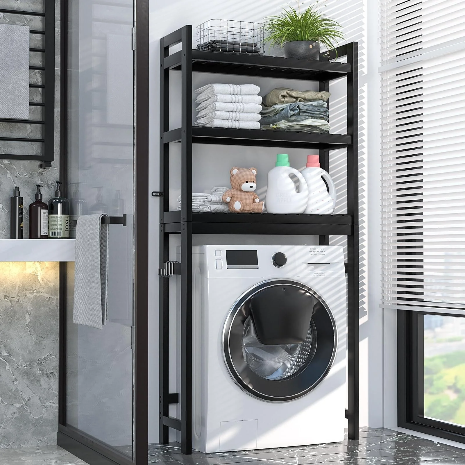 Over The Toilet Storage Shelf, Bamboo 3-Tier Above Toilet Storage Rack with 3 Hooks