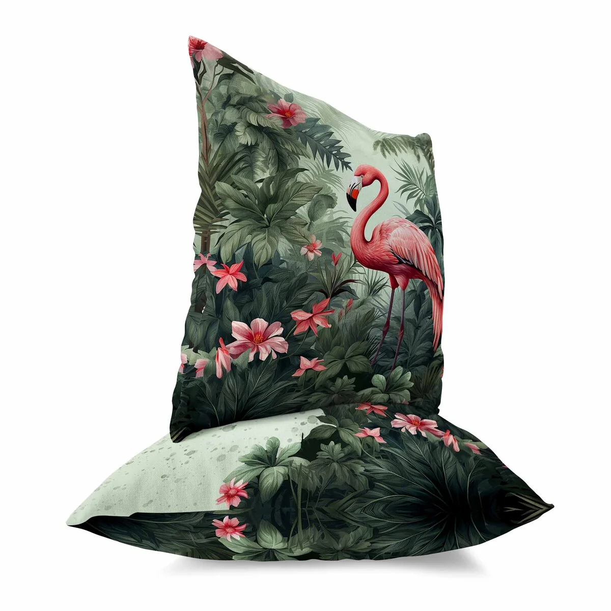 Green And Pink Tropical Flamingo Haven Indoor/Outdoor Throw Pillow Zipper