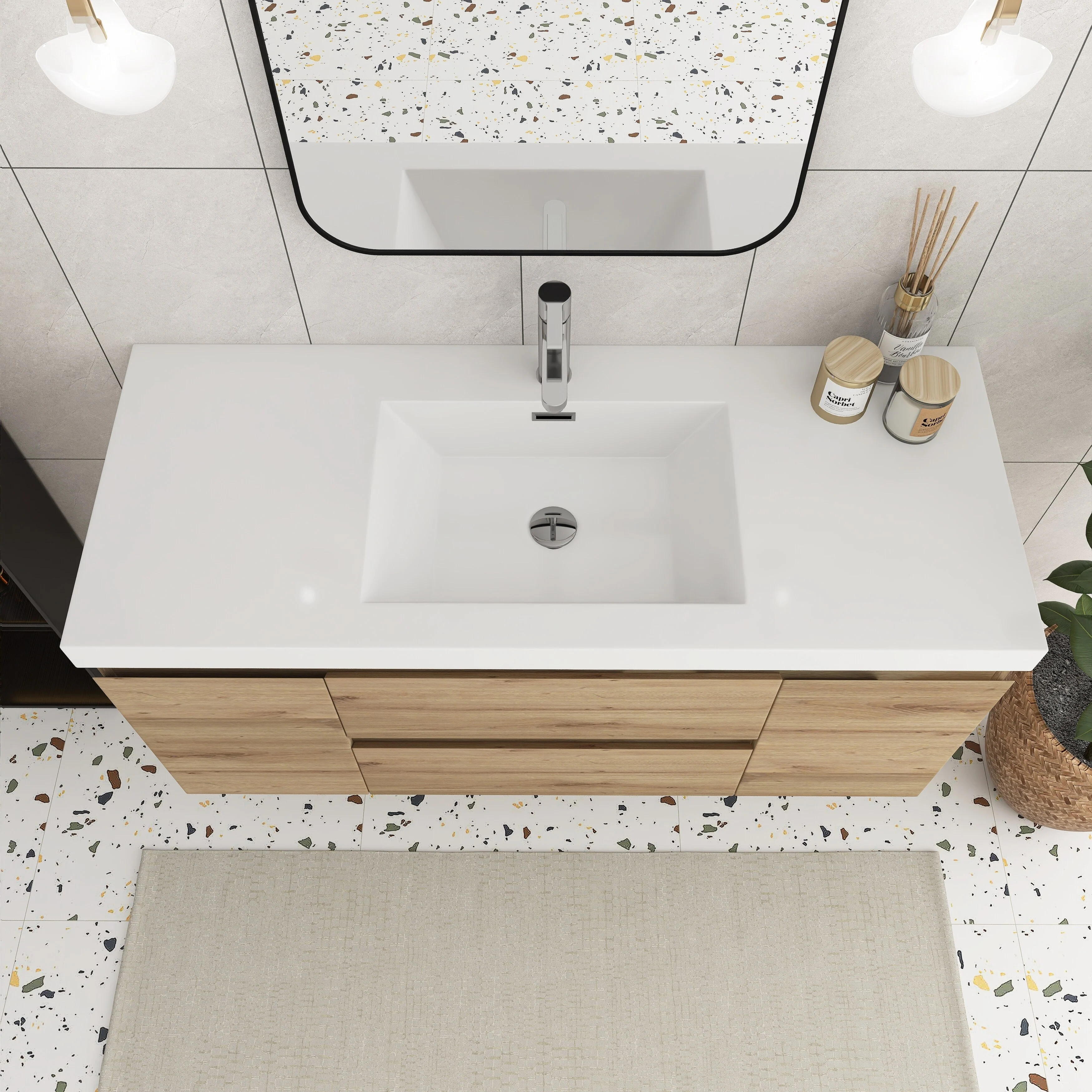 Angela Wall Mounted Bathroom Vanity in F. Oak with White Cultured Marble Top