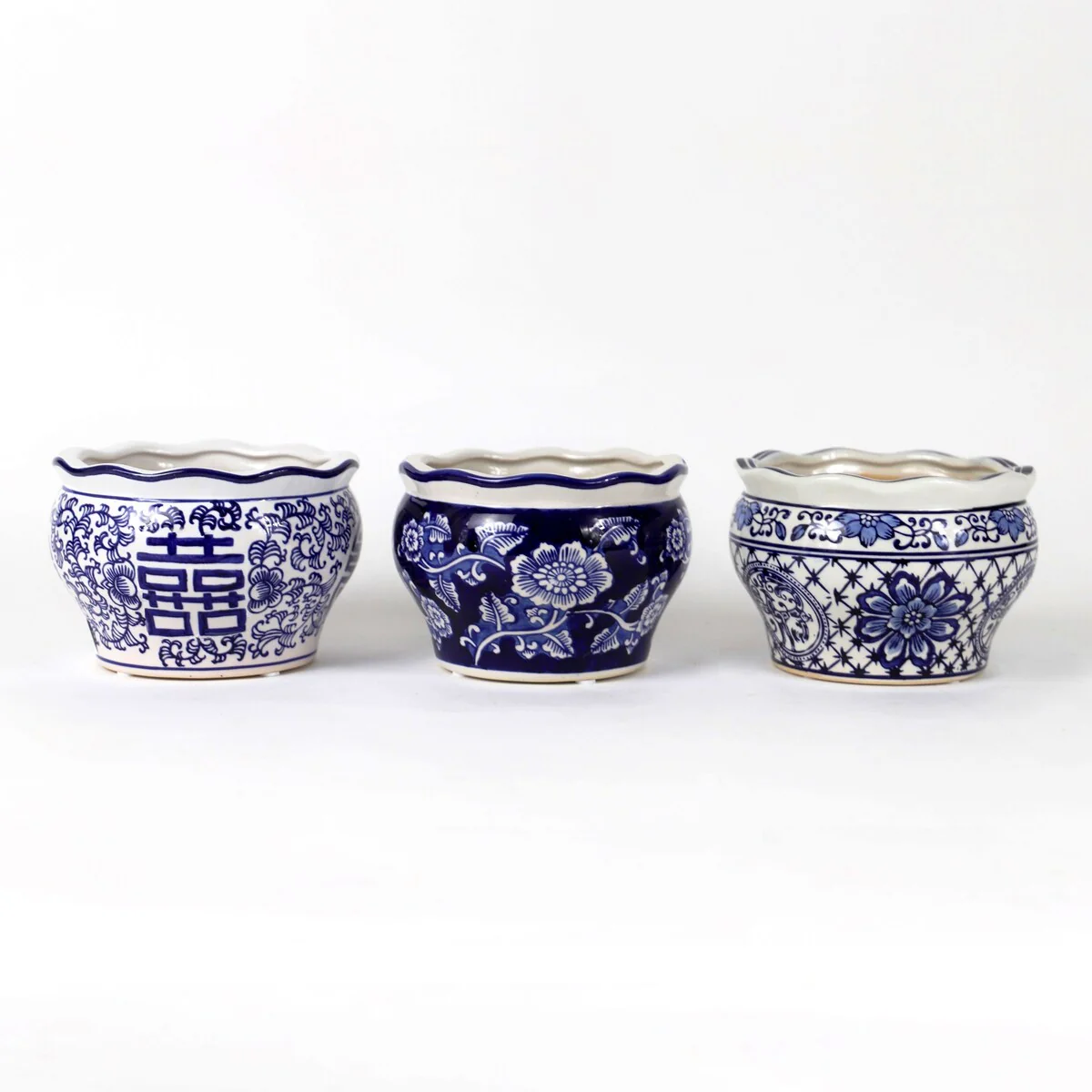 Euro Ceramica Blue and White Ceramic 3 Piece Terrace Garden Planter Set - 6 in. x 6 in. x 4.5 in.