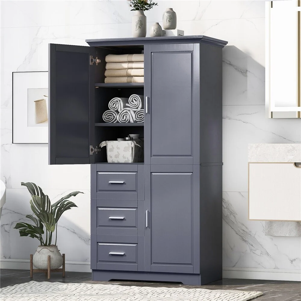 Tall and Wide Storage Cabinet with Doors for Bathroom, Three Drawers