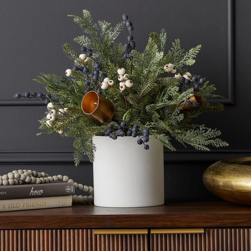 Mixed Mica Foliage with Blueberries and Harmony Bells 19in Arrangement in Ceramic Pot