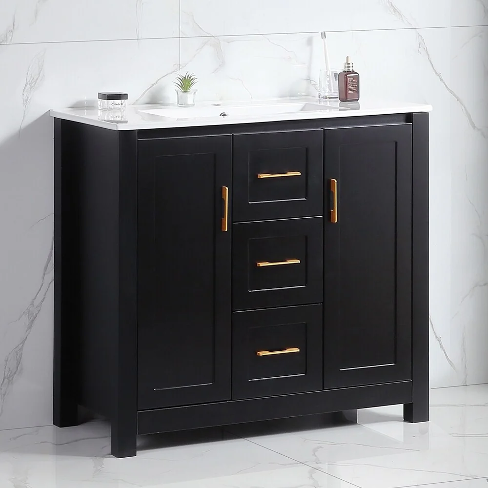 Bathroom Vanity with Single Sink, Wood Storage Cabinet with 2 Soft Closing Doors, Freestanding Vanity Cabinet with 3 Drawers