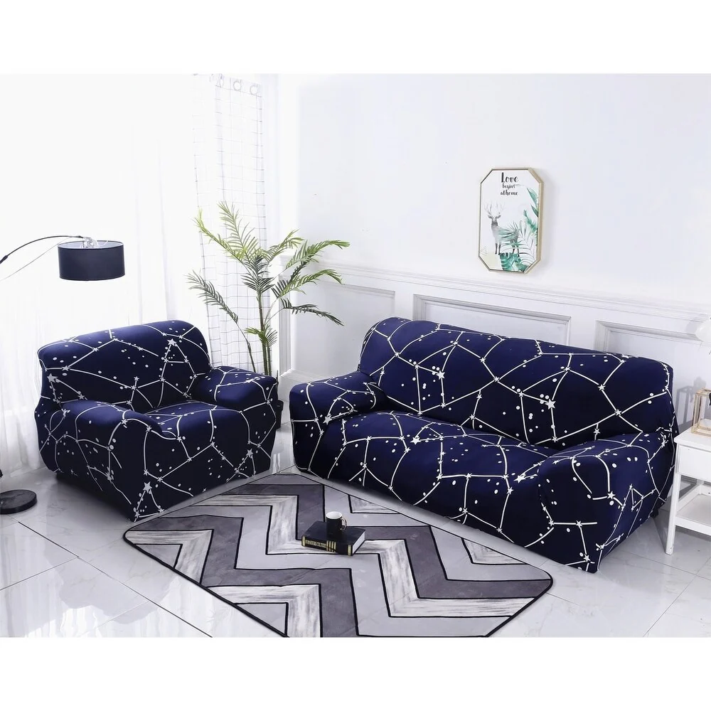 Enova Home Dark Blue Elegant Polyester and Spandex Stretch Washable Box Cushion Loveseat Slipcover