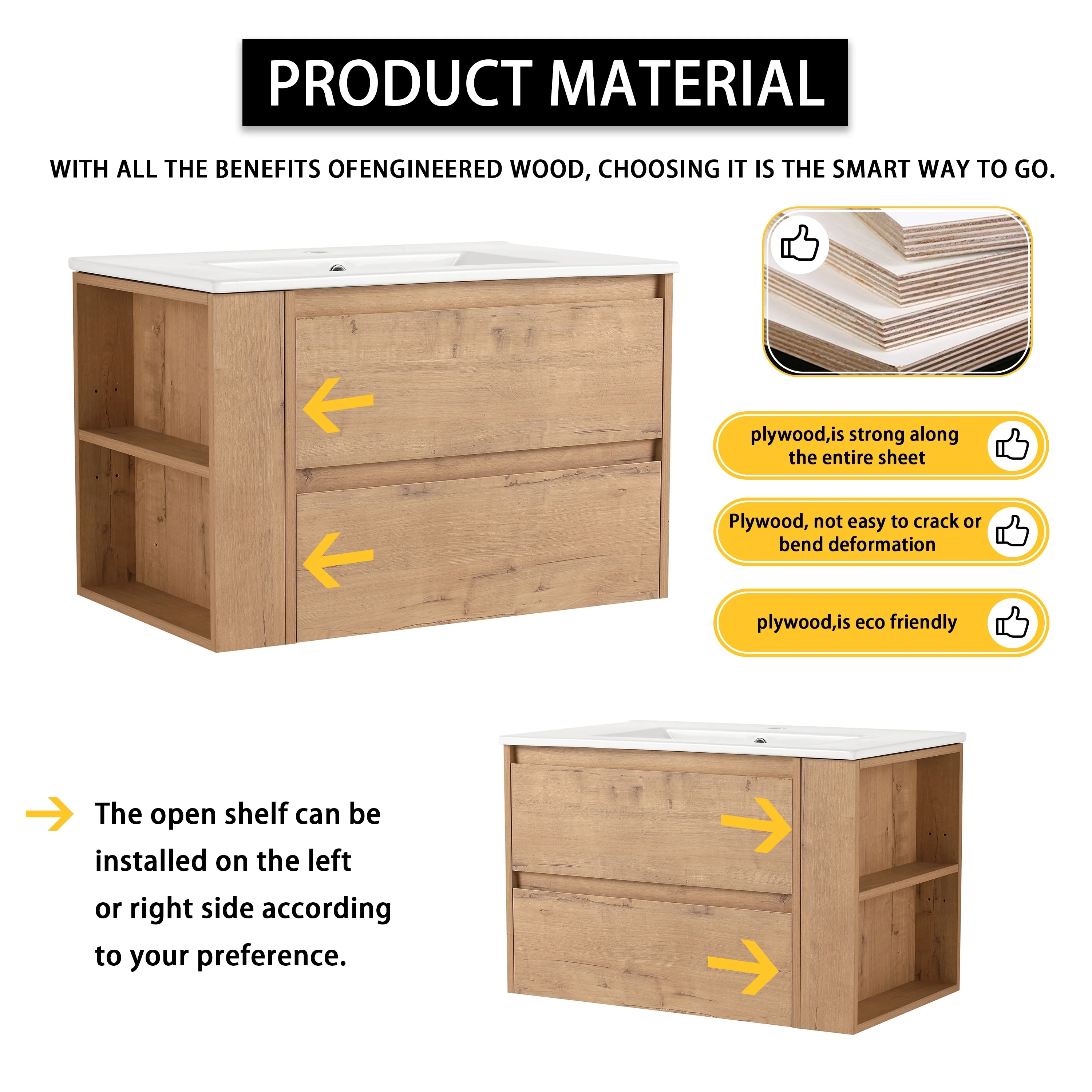 Beingnext 30''/36'' Single Sink Floating Bathroom Vanity with Soft Close Drawer and Adjustable Shelf