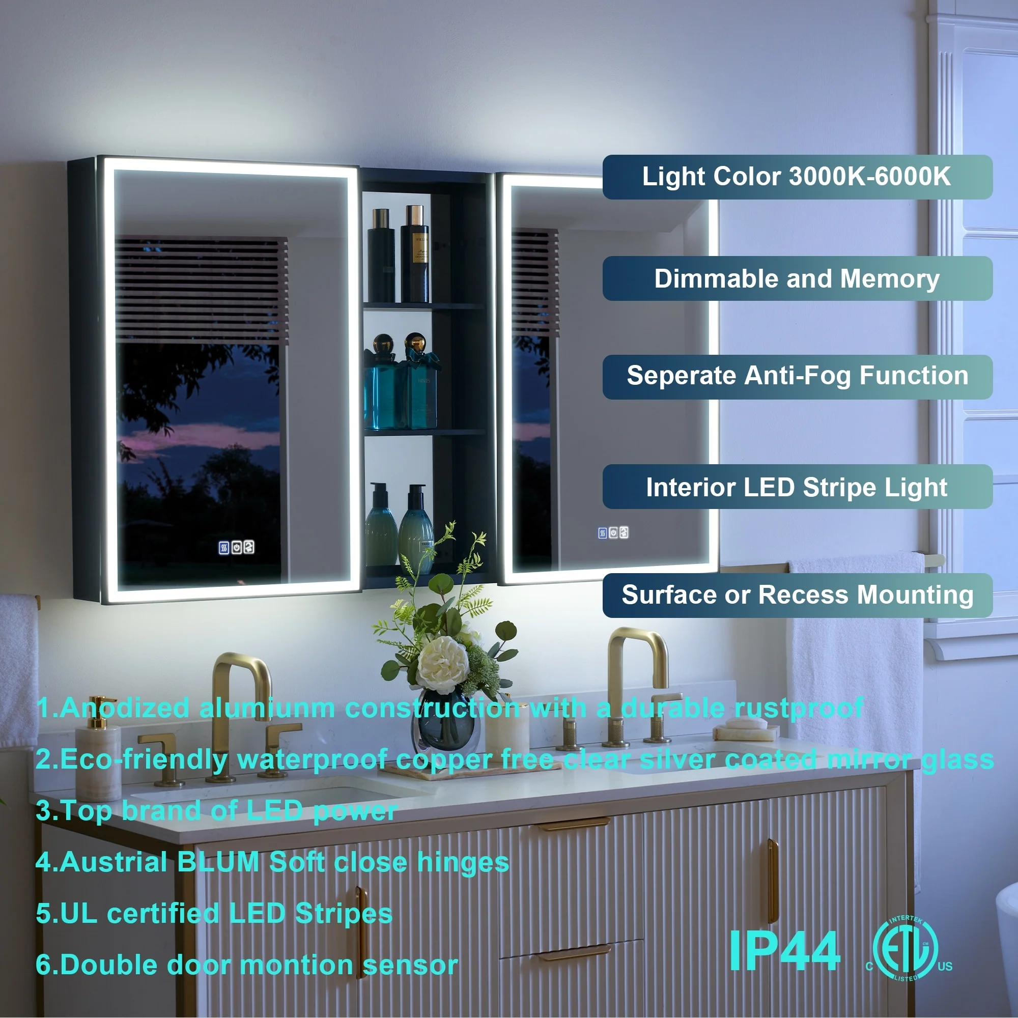 30 in. H Recessed or Surface Wall Mounted LED Mirror Cabinet With Black Side Cabinet