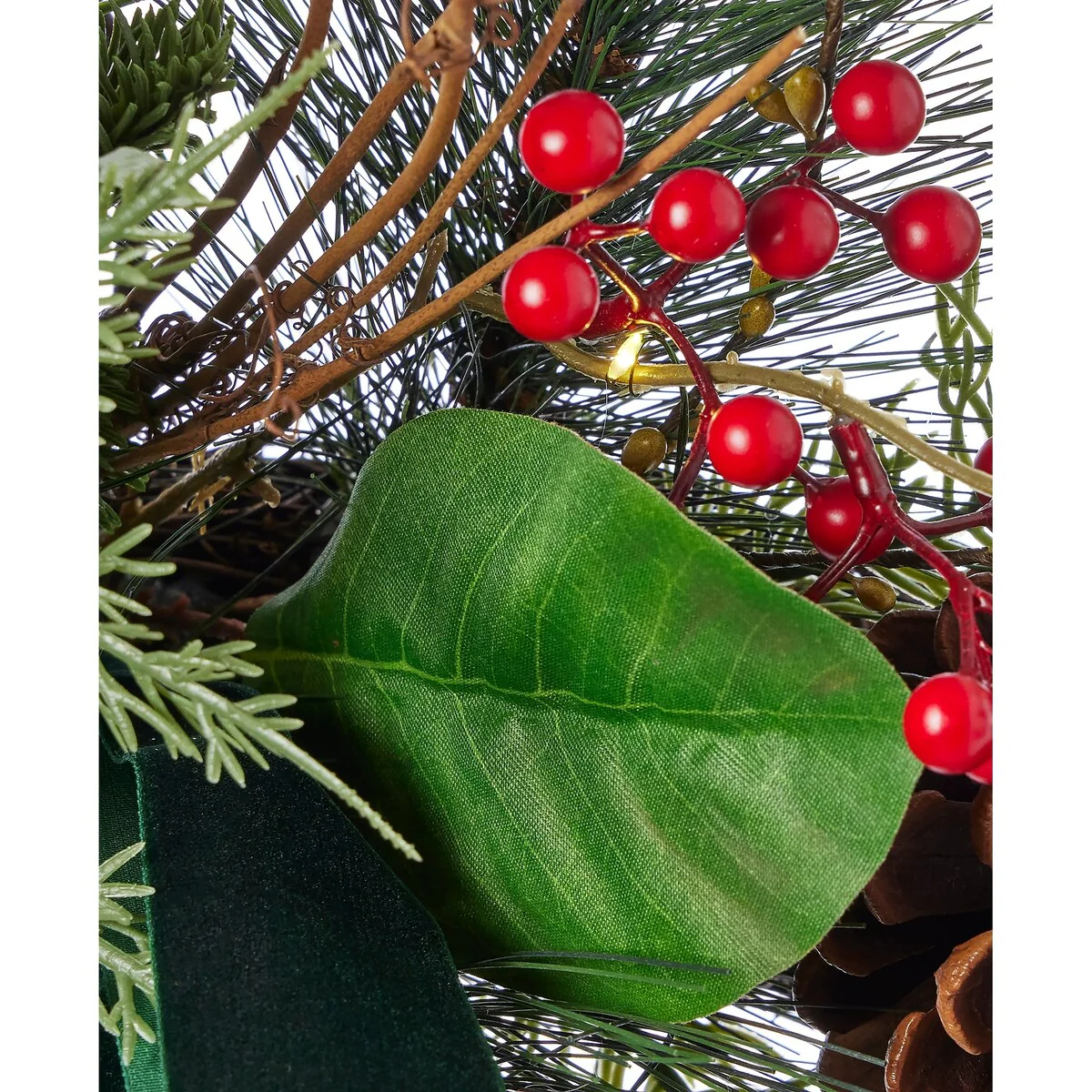 Magnolia Leaf, Eucalyptus, and Berry 28in Wreath, Pre-Lit with 35 LED Fairy Lights B/O