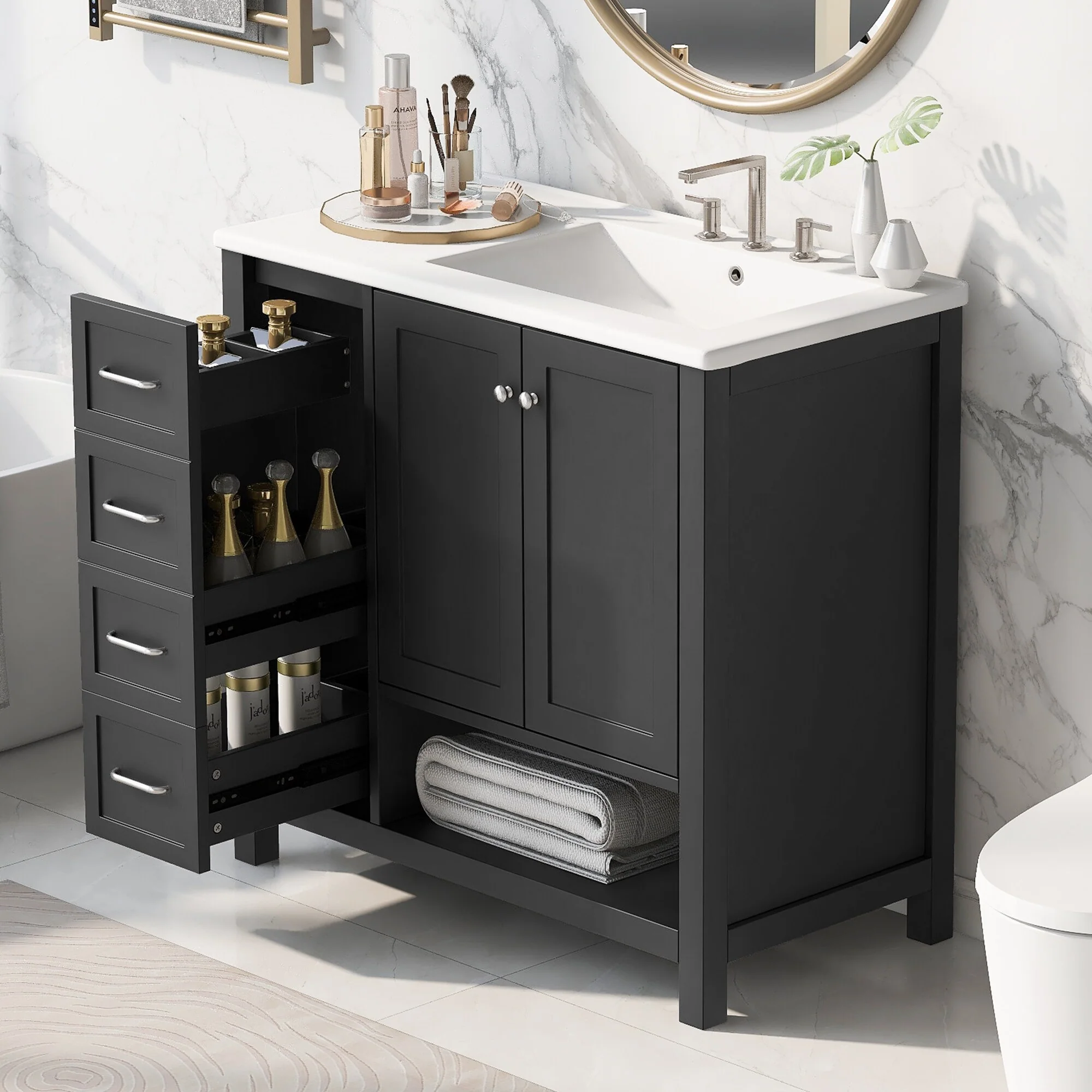 Bathroom Vanity with Ceramic Sink, Bathroom Storage Cabinet with 2 Drawers, Bathroom Vanity with 1 Tip-Out Drawer and 1 Door