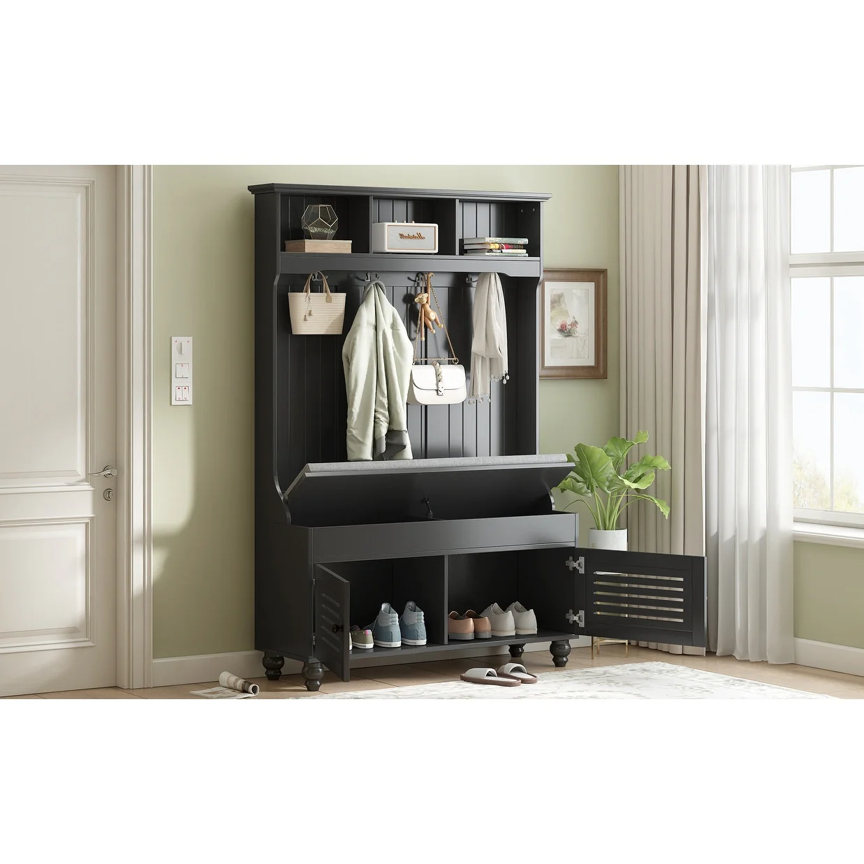 Entryway Bench Hall Tree with Shutter-Shaped Doors