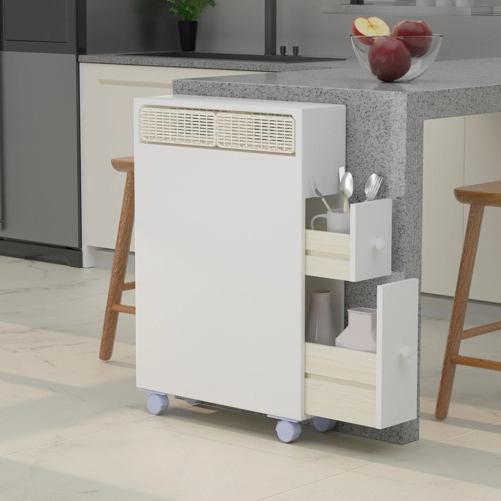 Freestanding Wooden Storage Cabinet with Storage Basket for Narrow Bathroom