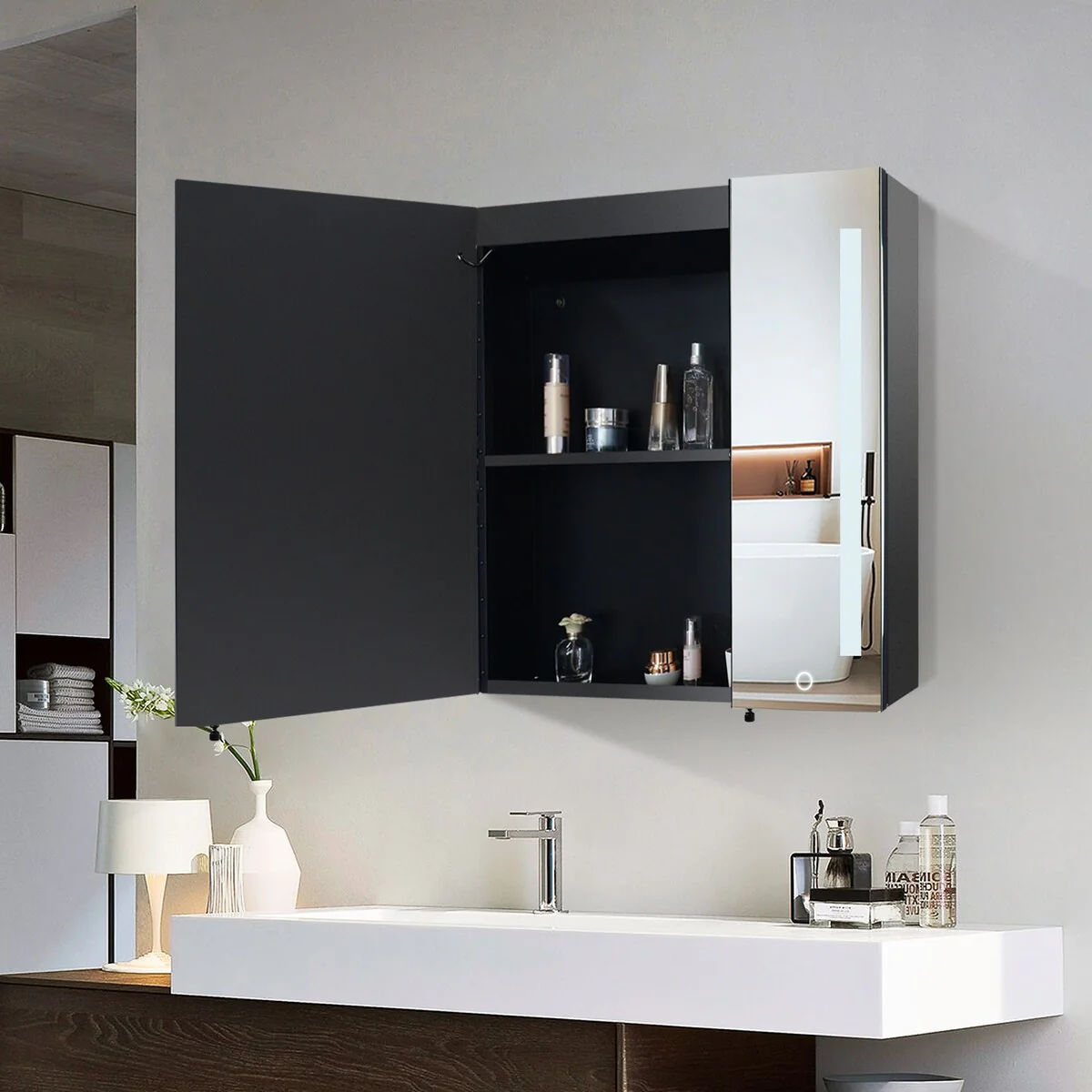 30x26 inch Black LED Mirror Medicine Cabinet Surface, Defogger, Anti-Fog,Dimmable Lights Brightness Memory