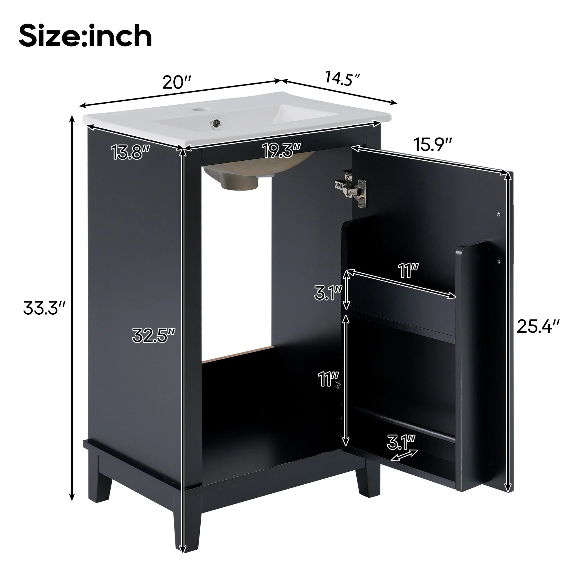 20 Inch Modern Bathroom Vanity with Ceramic Sink Small Space Cabinet