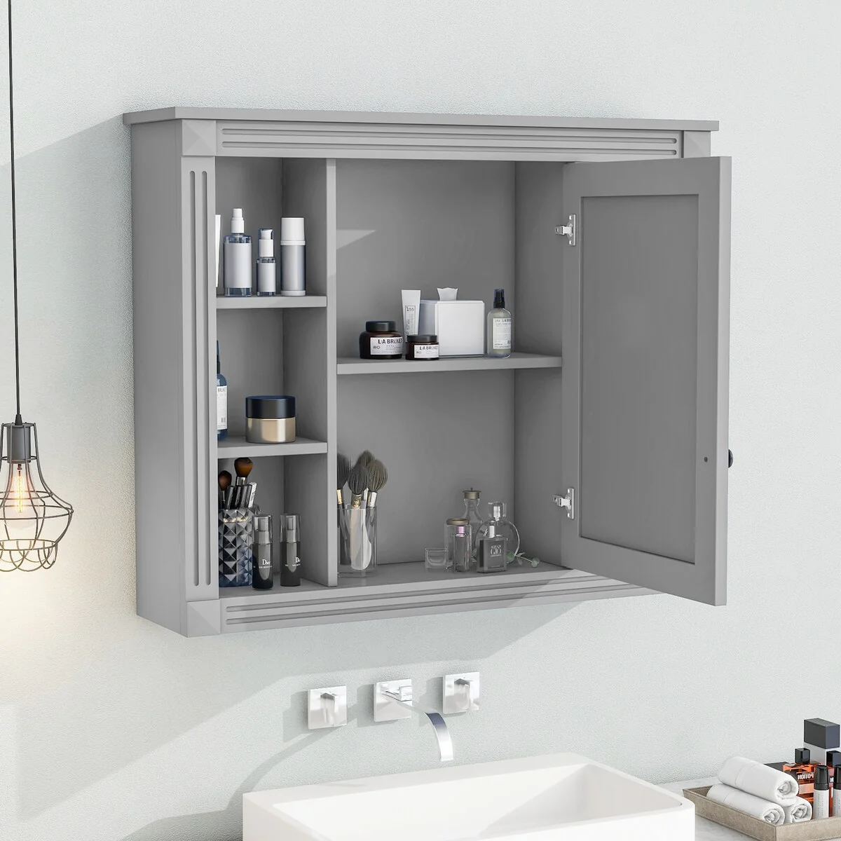 Wall Mounted Bathroom Storage Cabinet,Wall Cabinet with Mirror,Mirror Cabinet with 6 Open Shelves(Not Include Bathroom Vanity )