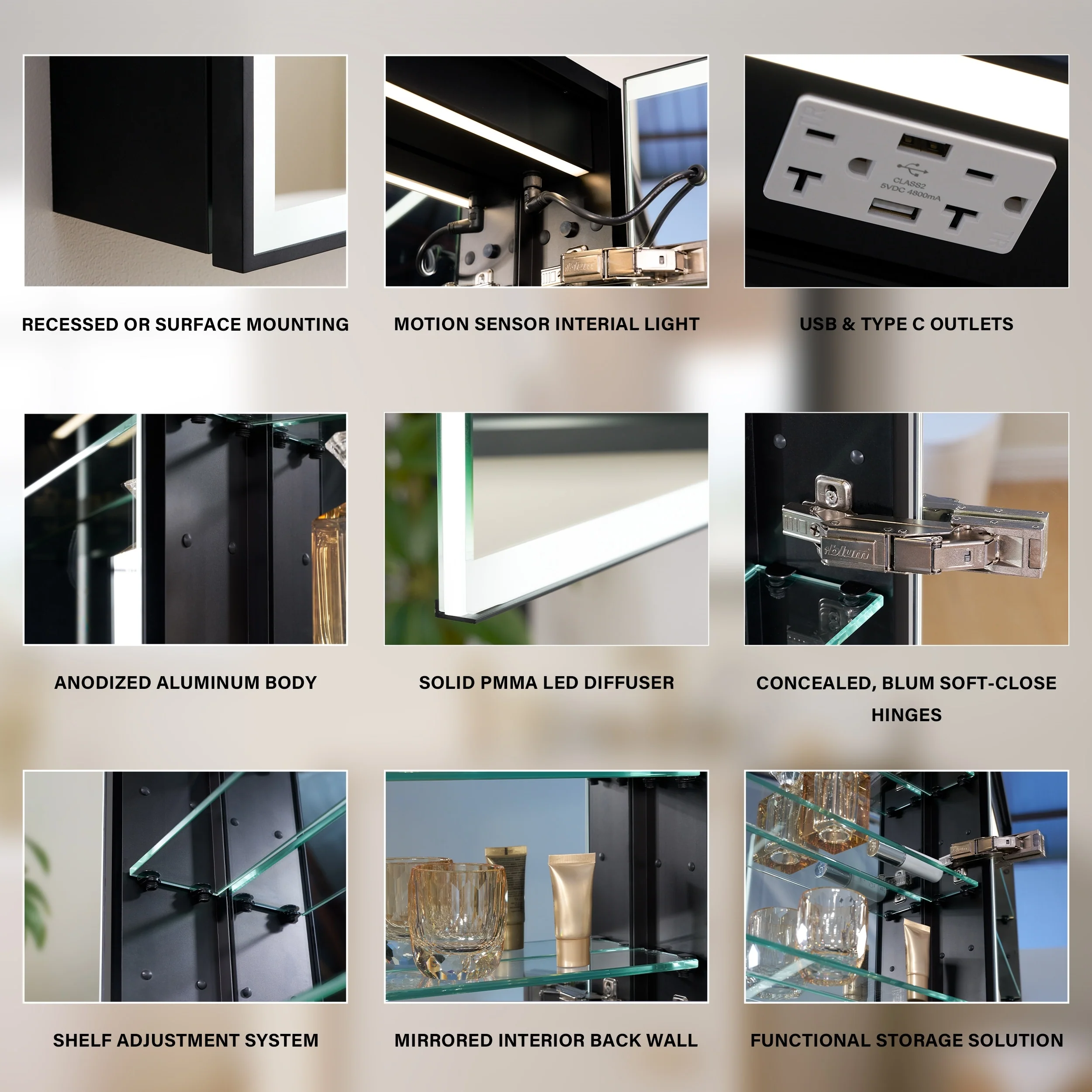 30'' H Recessed Or Surface Wall Mounted LED Mirror Cabinet With Mirror And Adjustable Shelves,Black Frame