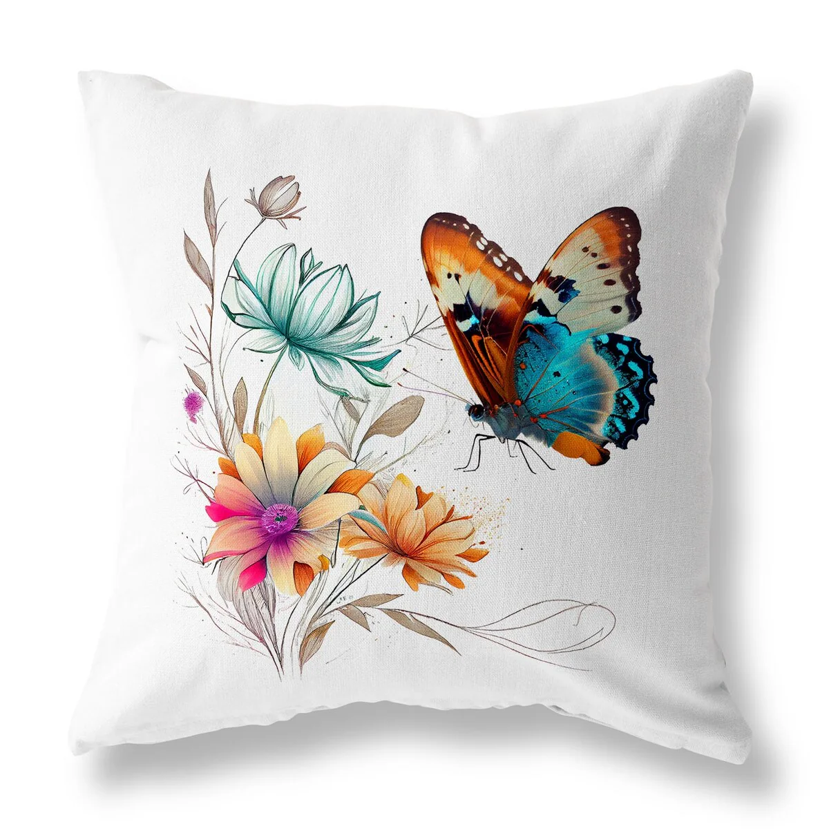 White And Orange Butterfly's Floral Journey Indoor/Outdoor Throw Pillow Zipper
