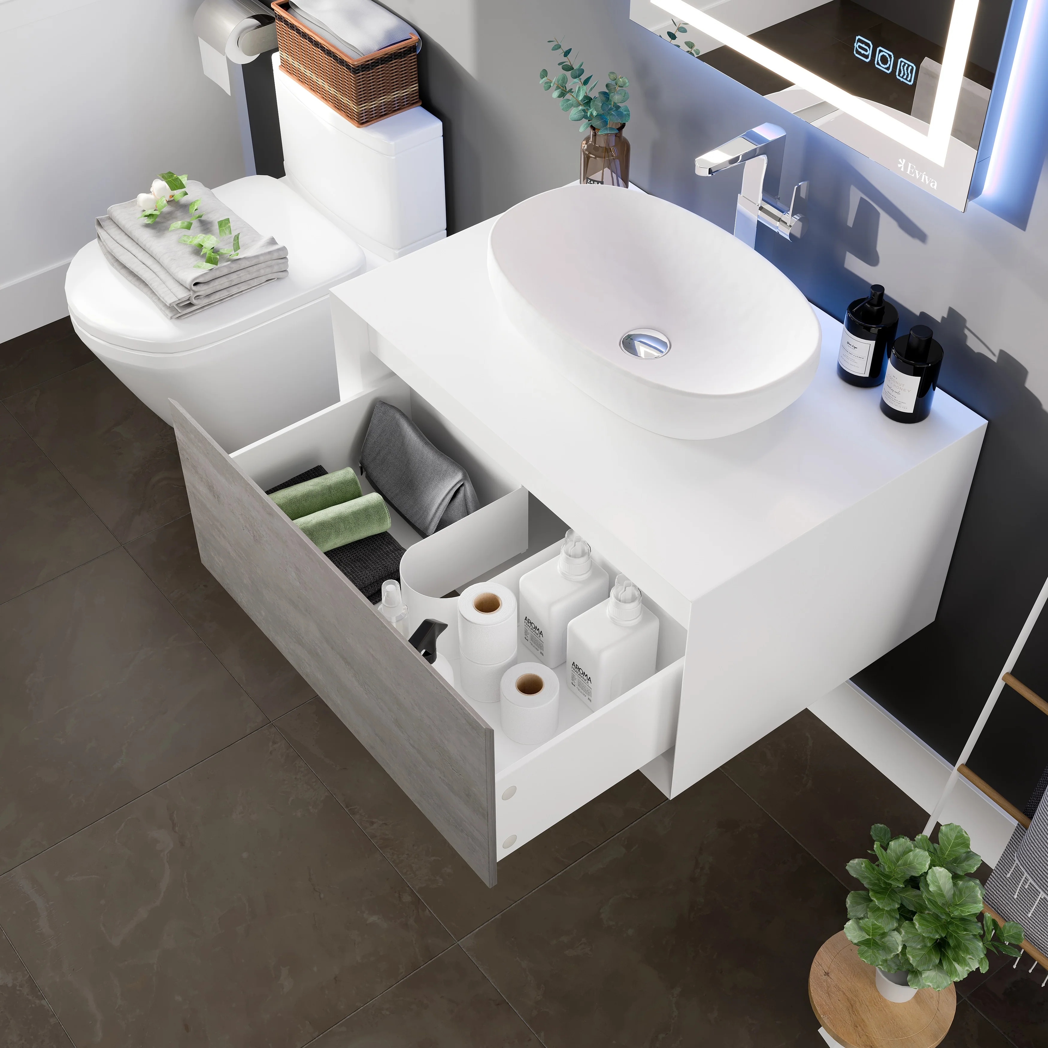 Eviva Santa Monica 30 inch Gray Wall Mount Bathroom Vanity with Acrylic Vessel Sink