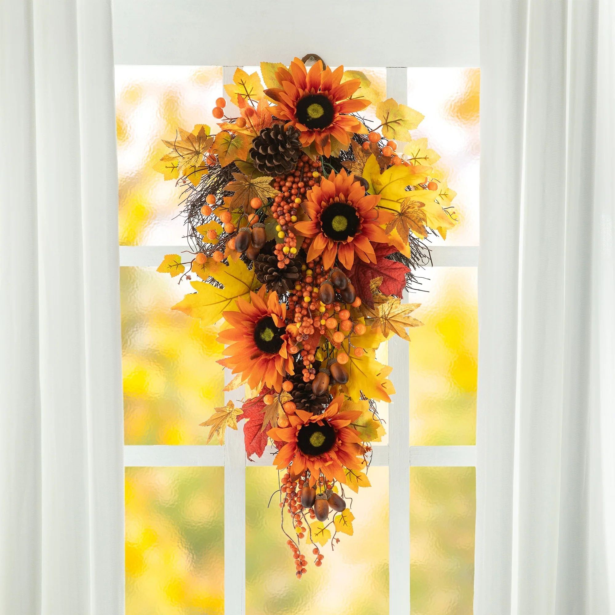 Glitzhome Fall Harvest Sunflower Maple Leaf Berry Garland Swag Wreath
