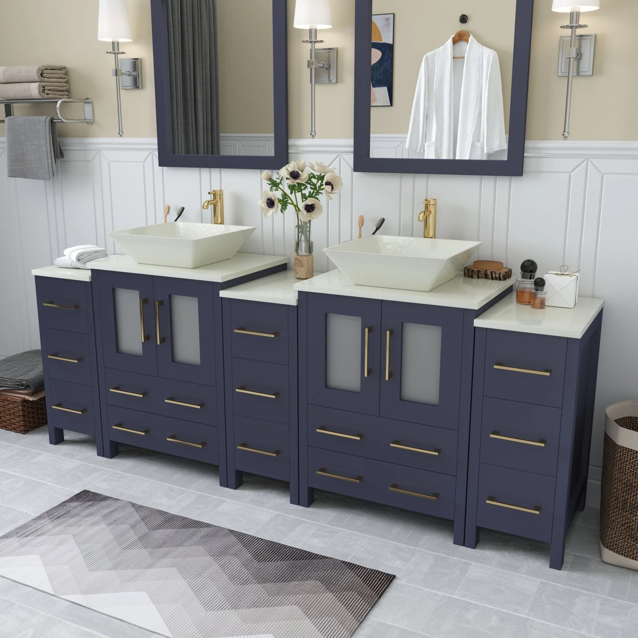 Vanity Art 84-Inch Double Sink Bathroom Vanity Set with Engineered Marble Top and Free Mirror - 84 W X 18.5 D X 31.1 H