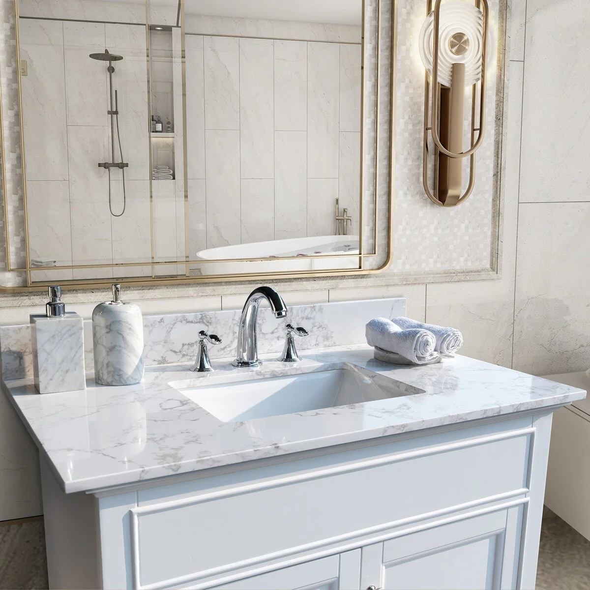 31 in./ 37 in./ 43 in./ 49 in. Carrara White Engineered Stone Bathroom Vanity Top with Ceramic Sink