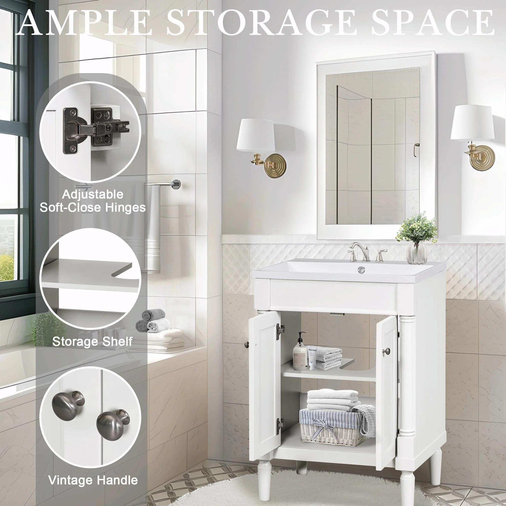 24'' Bathroom Vanity with Top Sink: Modern 2-Tier Storage Cabinet, Single Sink, Large Shelves