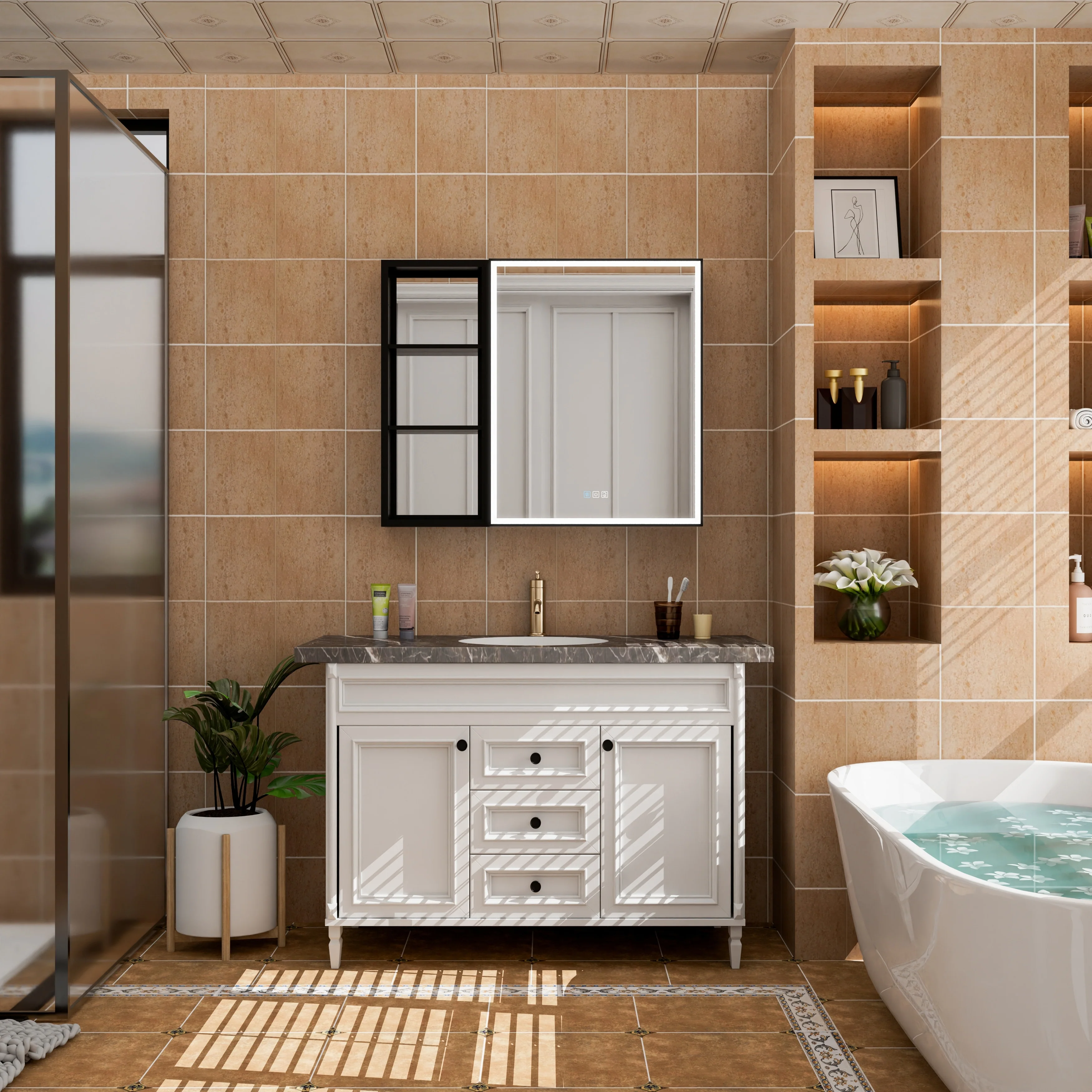 30 in. H Recessed or Surface Wall Mounted LED Mirror Cabinet With Black Side Cabinet